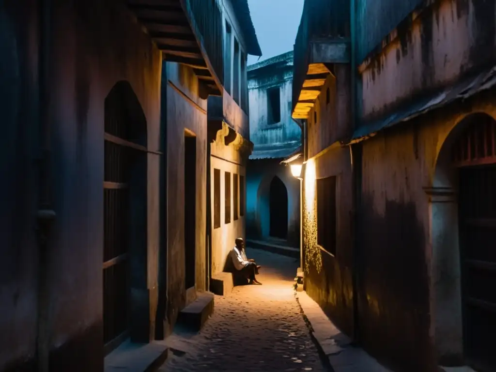Alleyway en Zanzíbar: la presencia siniestra de Popo Bawa Alleyway sombría en Zanzíbar, con edificios antiguos