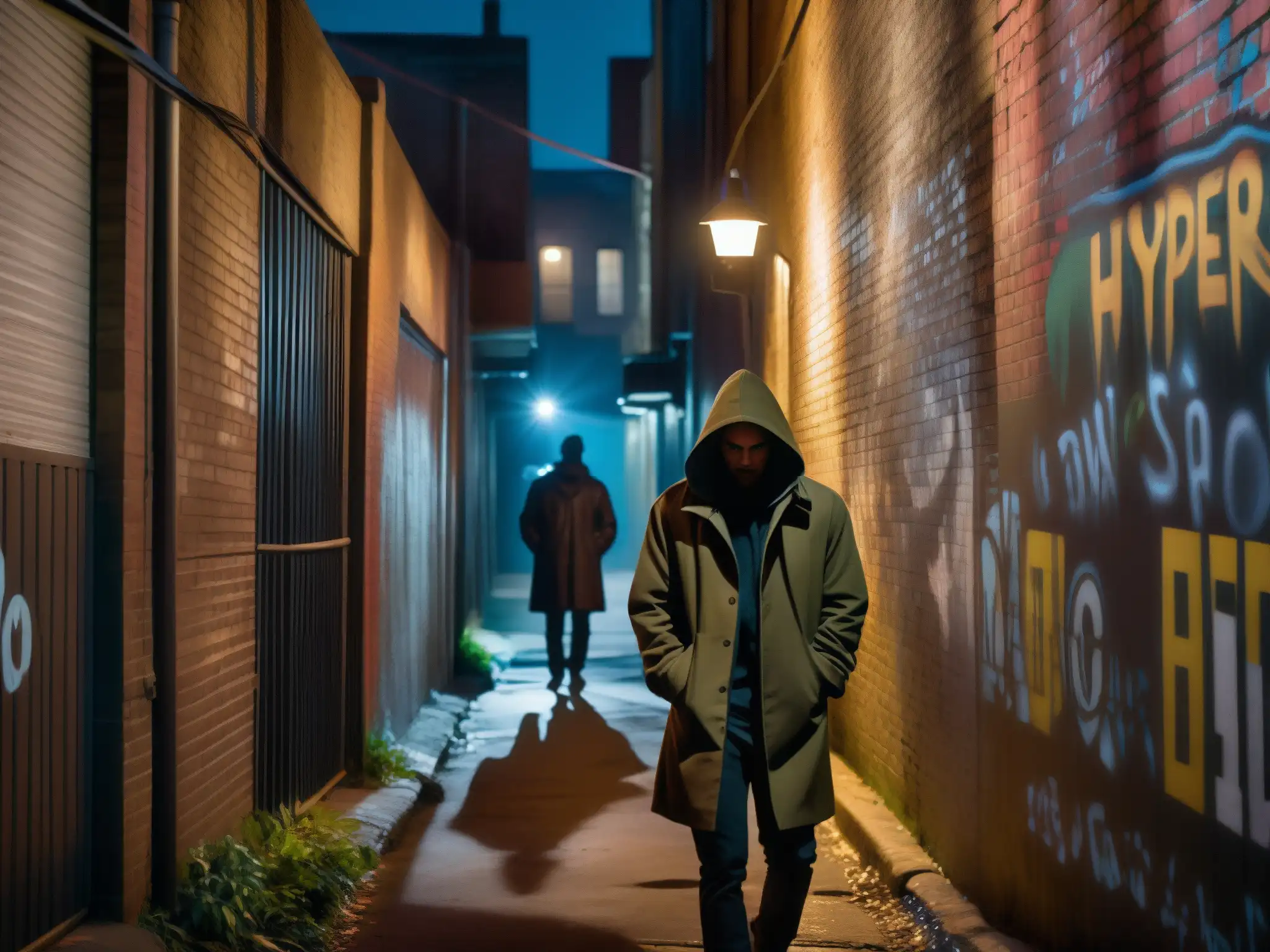 Alleyway sombría con graffiti y luces titilantes