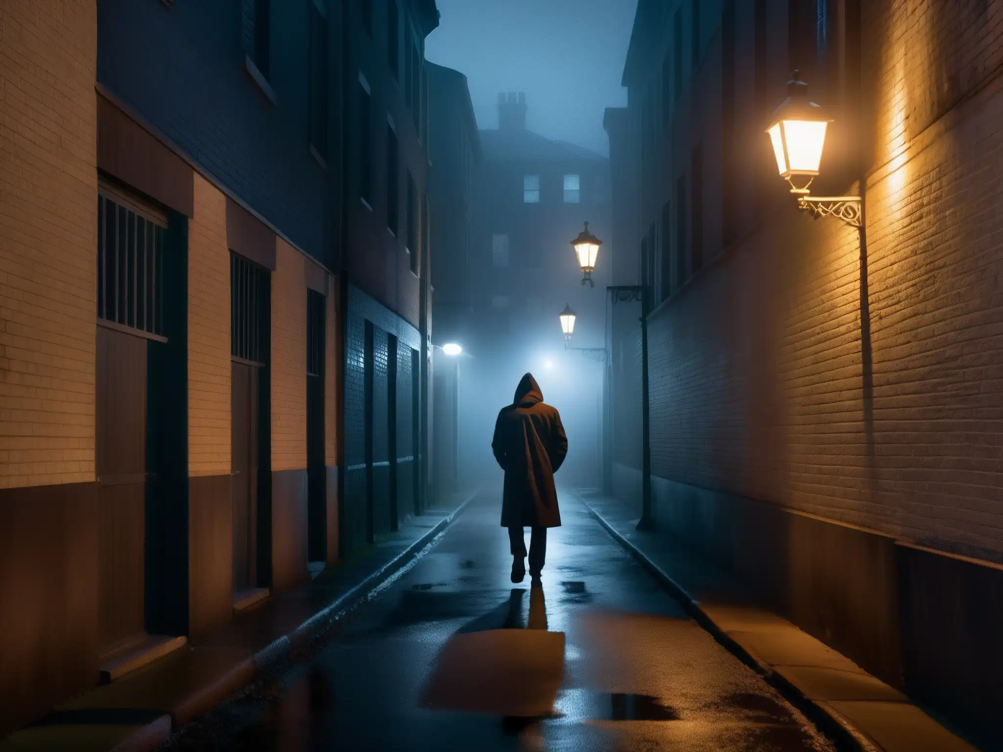 Alleyway sombría de noche, con neblina y luz de farola