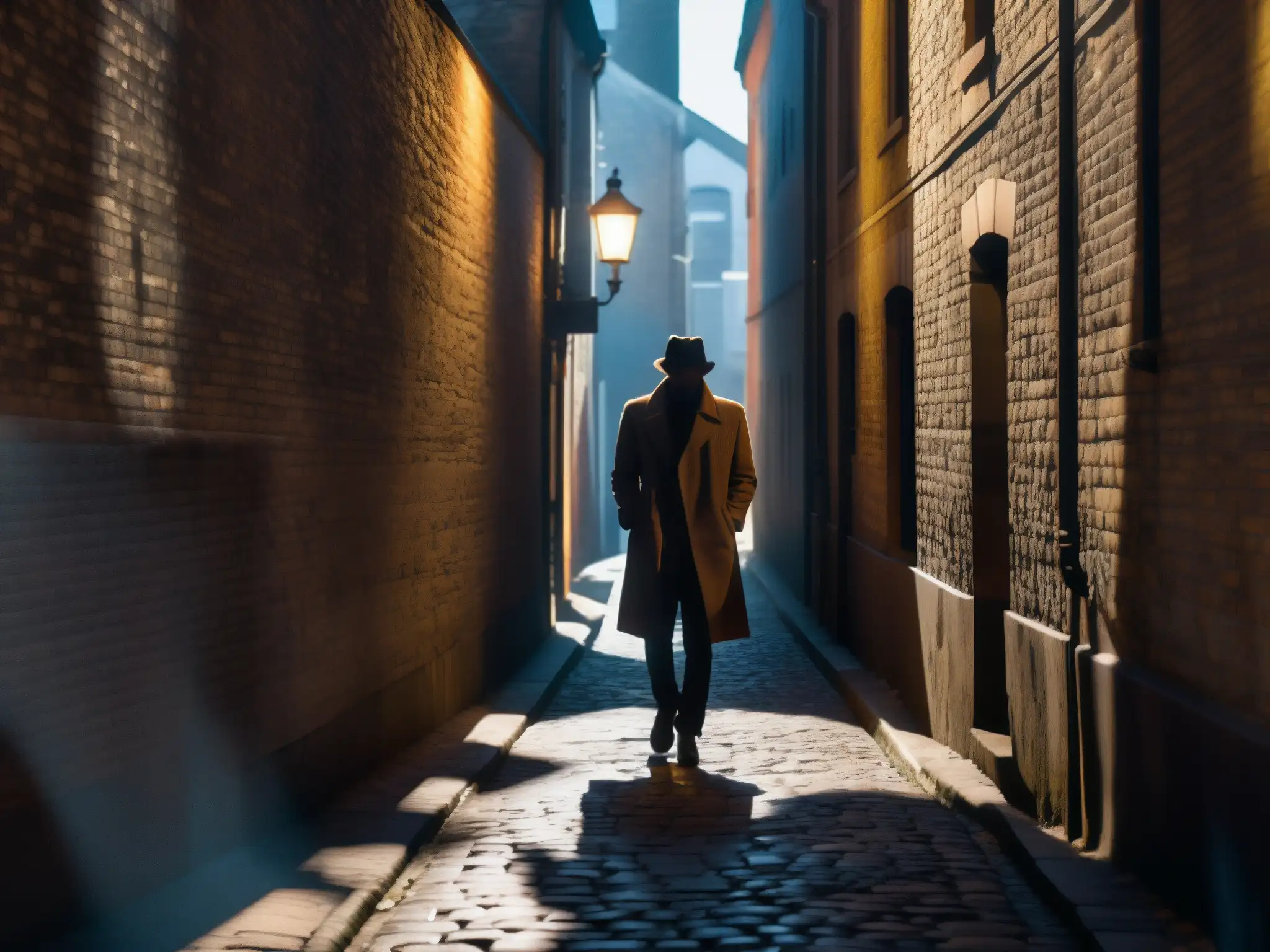 Alleyway sombrío con figura misteriosa y larga sombra