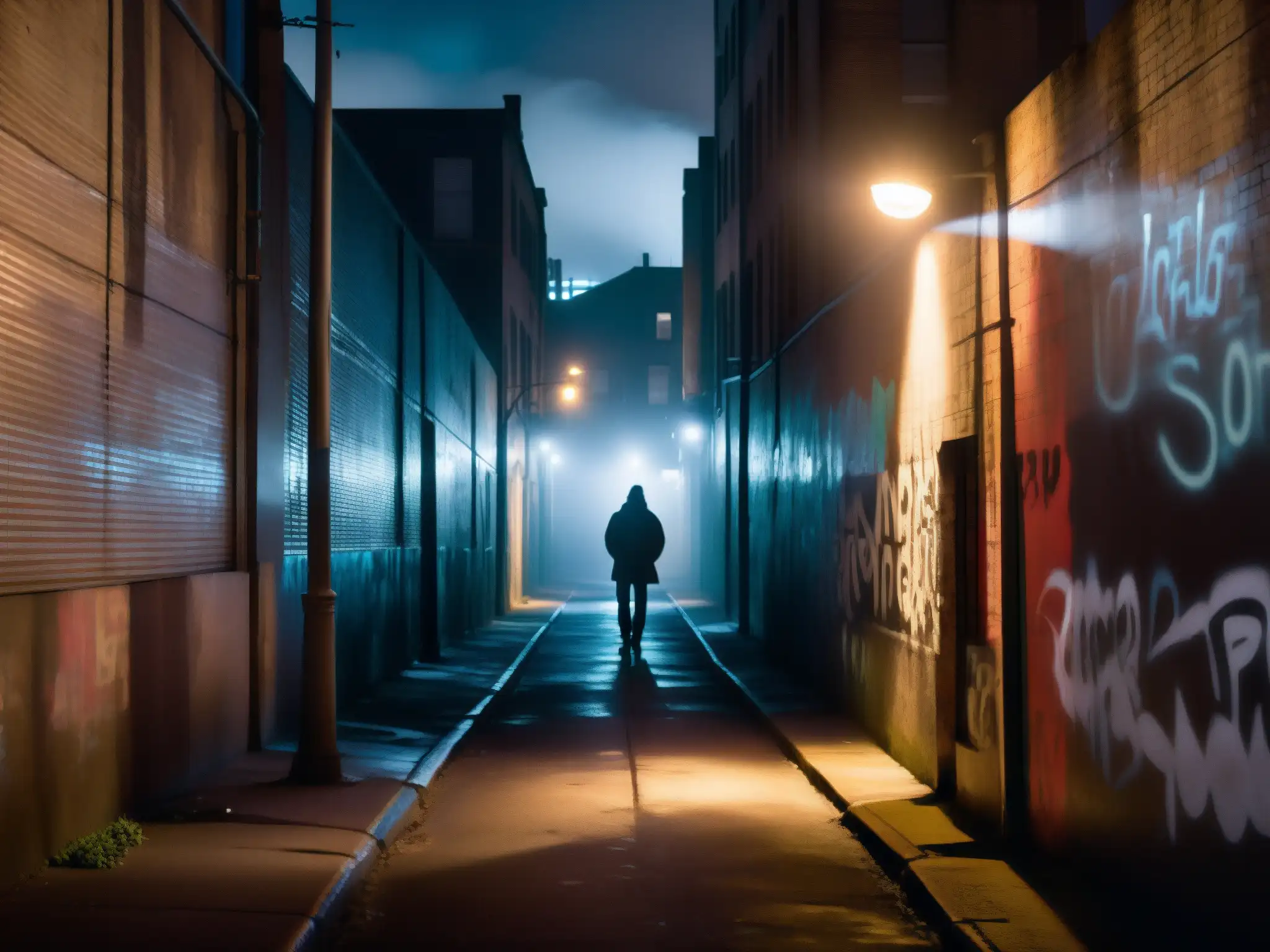 Noche en callejón urbano: sombras, niebla y misterio Alleyway urbano nocturno con neblina, grafitis y figura misteriosa, ideal para exploración psicológica morbo leyendas urbanas