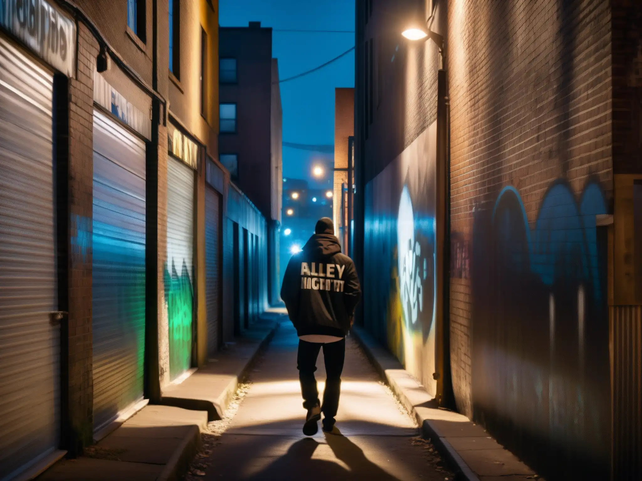 Alleyway nocturno con graffiti y figura misteriosa Alleyway urbano en penumbra, con grafitis y luces parpadeantes