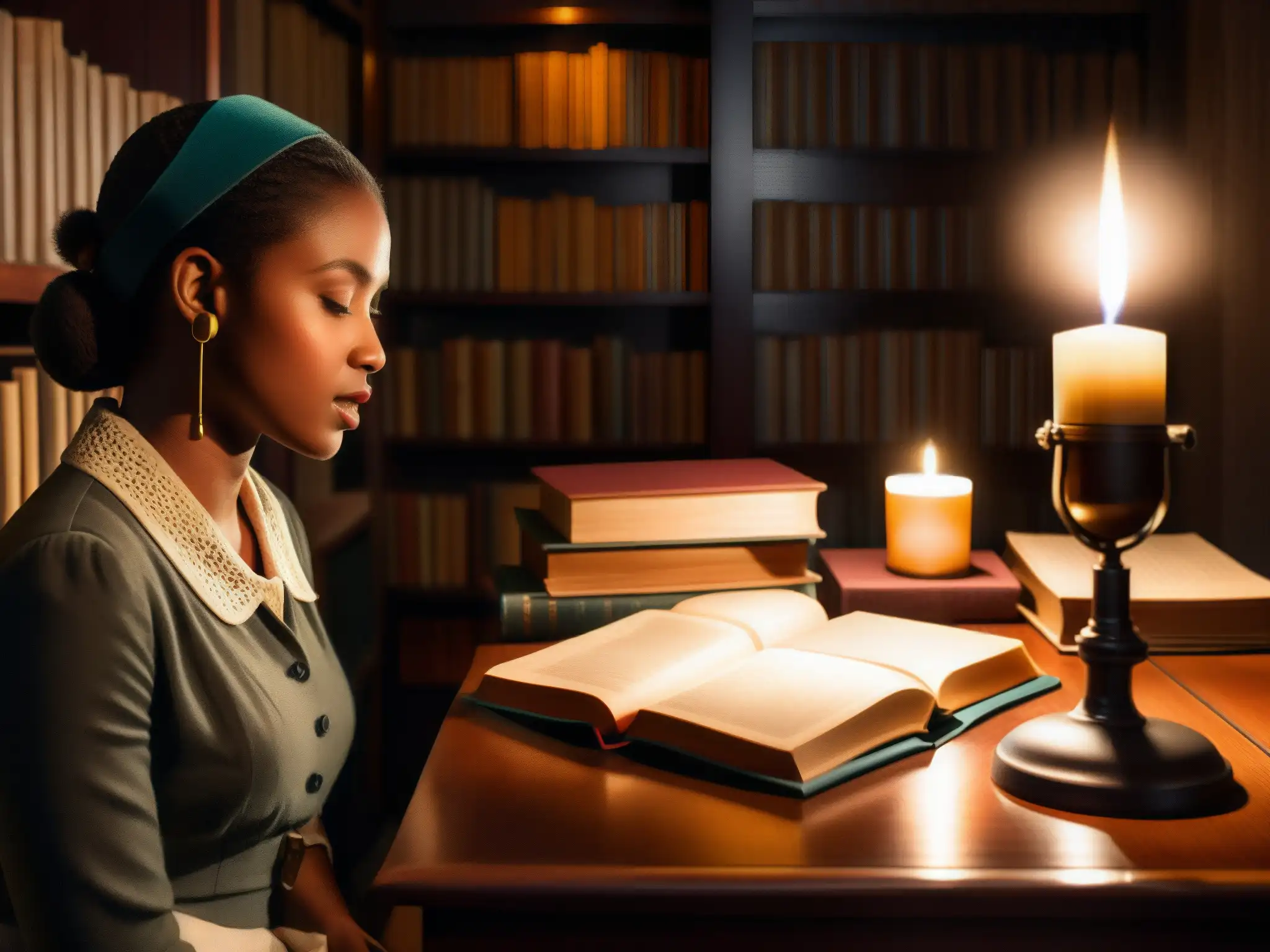 Un ambiente misterioso con micrófono vintage, libros antiguos y una vela