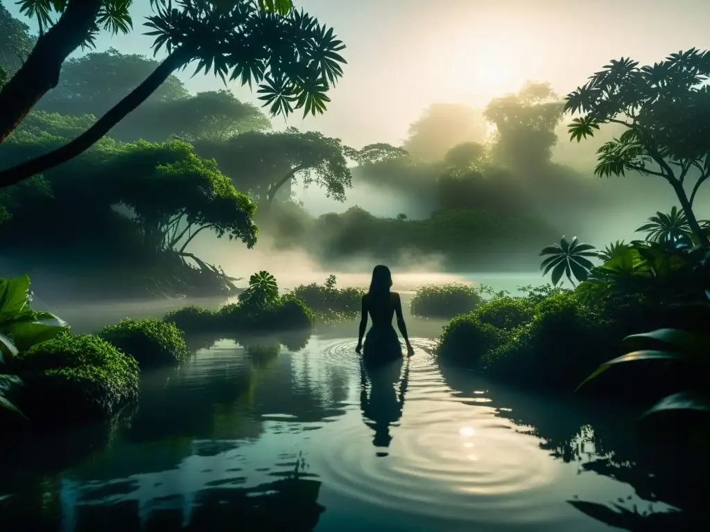 Misterioso lago con criatura legendaria Análisis de la verdad y el mito de la criatura en la enigmática laguna, entre la densa vegetación y la niebla