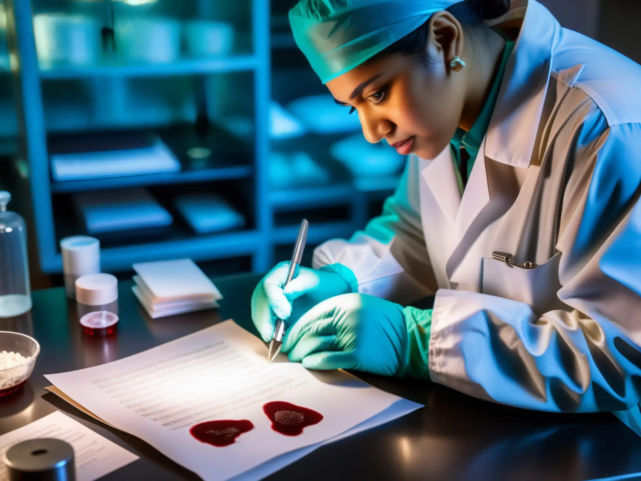Examen forense detallado en el caso Nithari: precision y enfoque Analista forense examina evidencia en laboratorio, caso niños desaparecidos Nithari análisis
