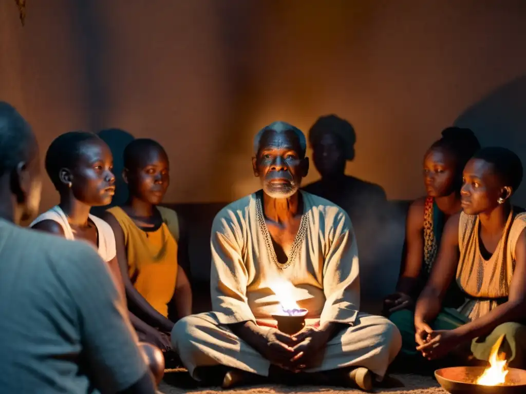 El Sabio Cuentacuentos Africano: Magia de la Tradición Oral Un anciano narrador africano cautiva a su audiencia con relatos urbanos de Costa de Marfil alrededor de una fogata en una atmósfera mágica