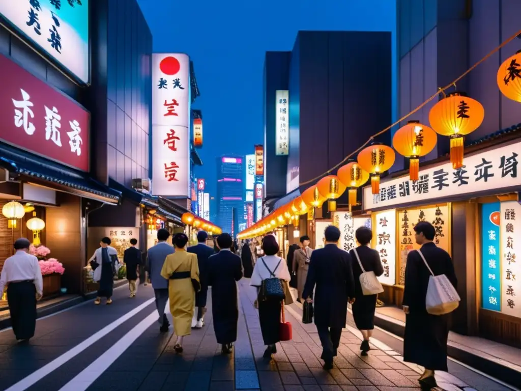 Una animada calle de Tokio de noche, con letreros de neón y faroles tradicionales iluminando estrechos callejones
