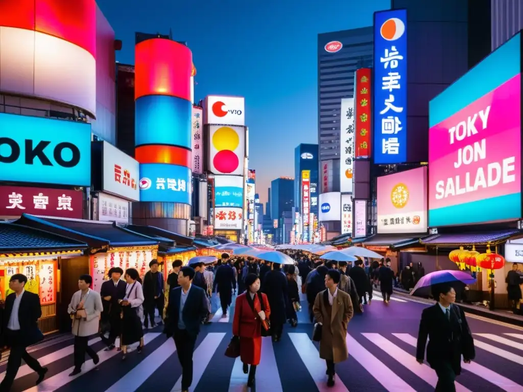 Una animada calle de Tokio de noche, con luces de neón iluminando aceras llenas y rascacielos