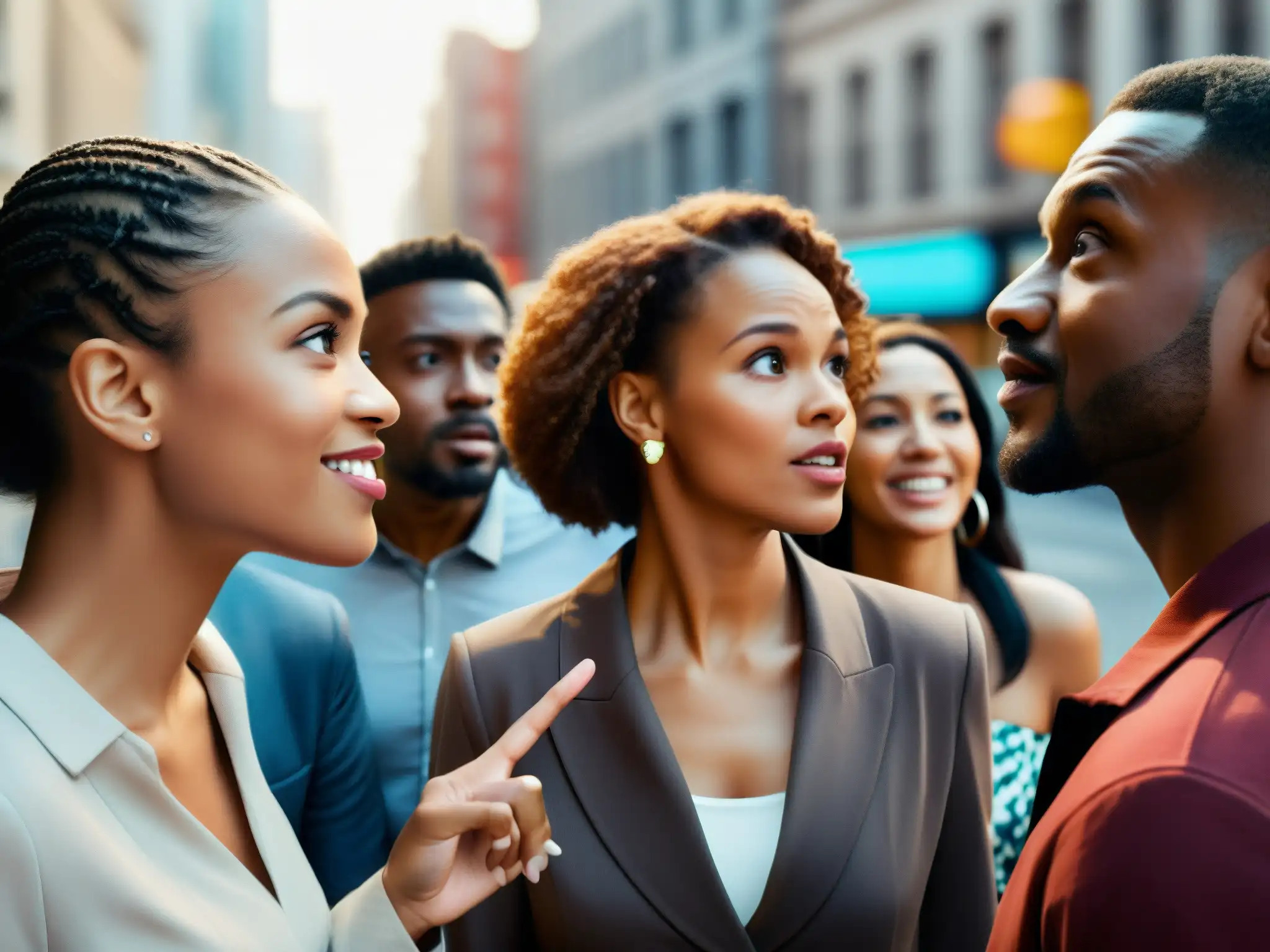 Un animado debate en la bulliciosa calle urbana, capturando la psicología del rumor en leyendas urbanas