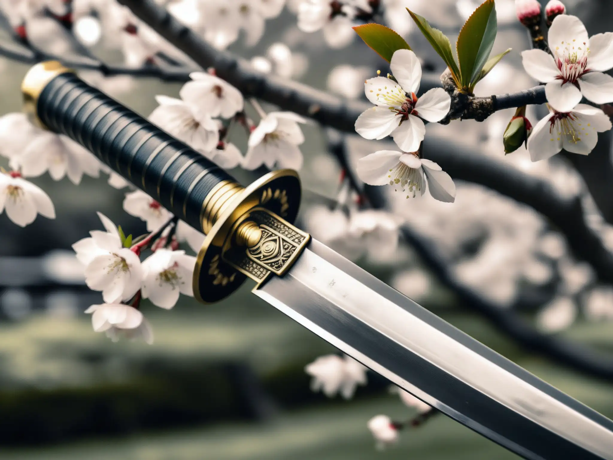 Una antigua espada samurái japonesa destaca entre delicadas flores de cerezo en una imagen impactante que encapsula la historia de amor, traición y venganza de Yotsuya Kaidan en Japón