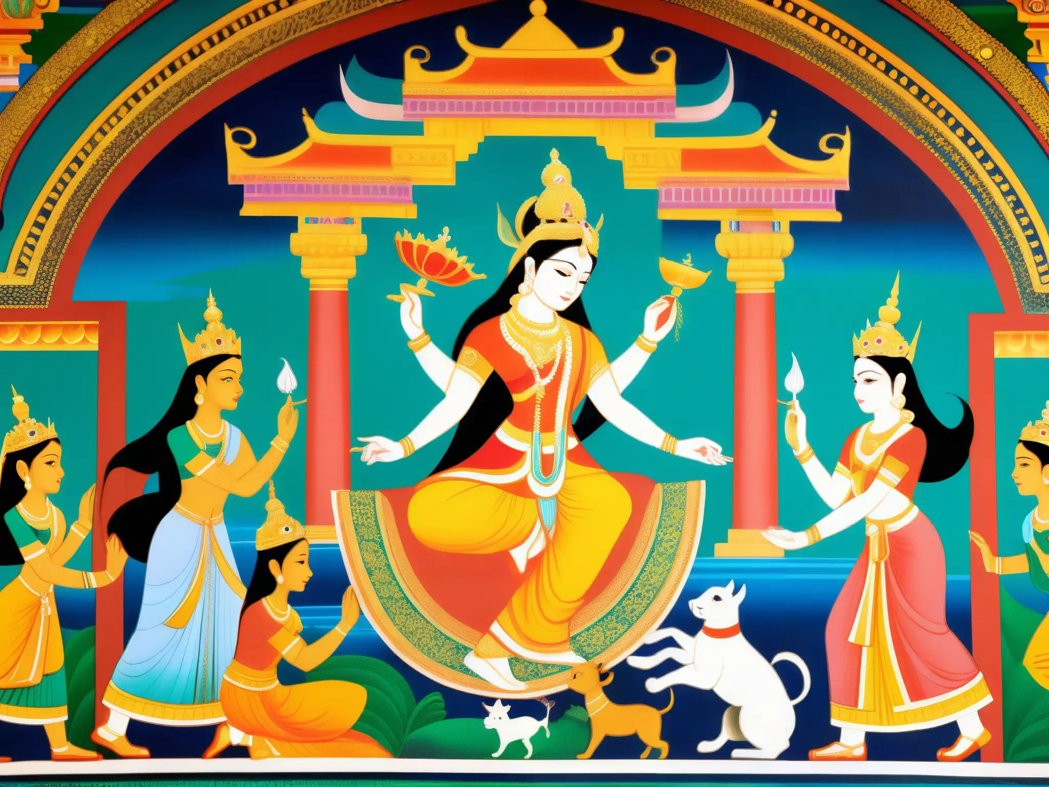 Murales antiguos: la leyenda de la princesa Ratnavati Una antigua y hermosa pintura mural en el templo representa el legendario amor y venganza de la Princesa Ratnavati, capturando su esencia y emociones