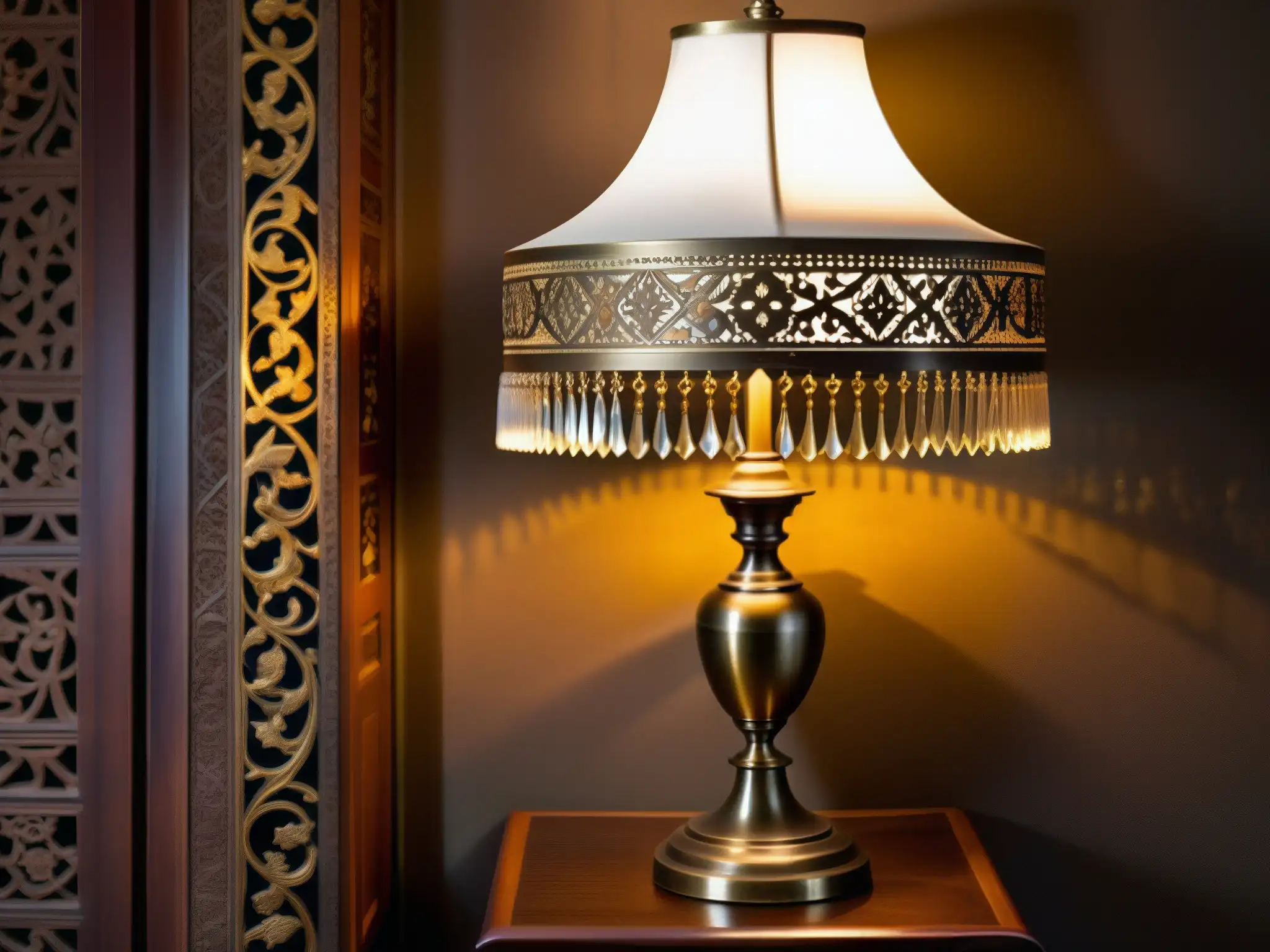 Una antigua lámpara de latón con intrincados diseños y una cálida luz, evocando el origen y poder de los Djinn en una atmósfera misteriosa y mágica