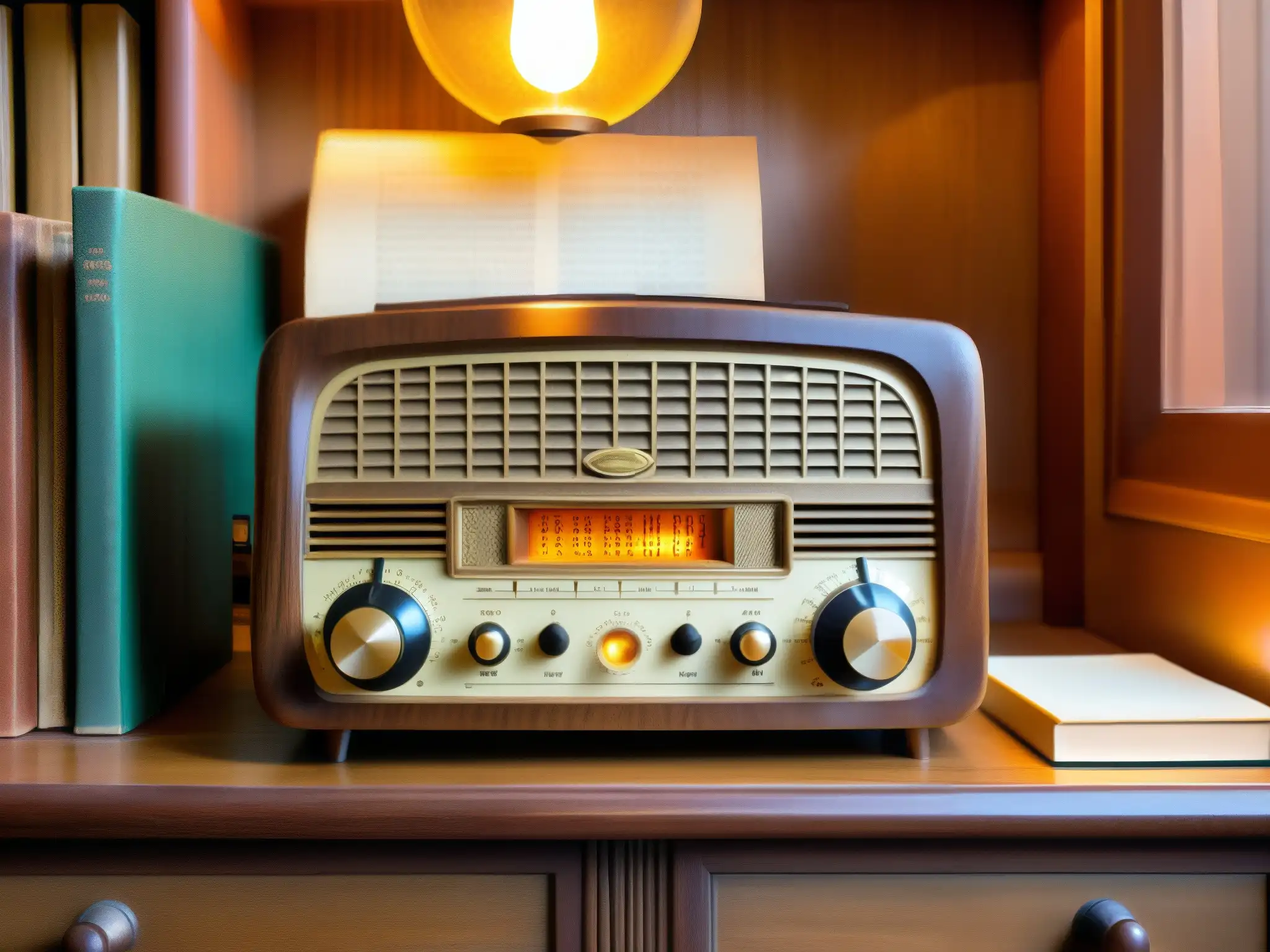 Radio antigua: nostalgia y misterio en luz dorada Una antigua radio vintage con tallados detallados en su exterior de madera, iluminada por el cálido brillo de sus diales y botones