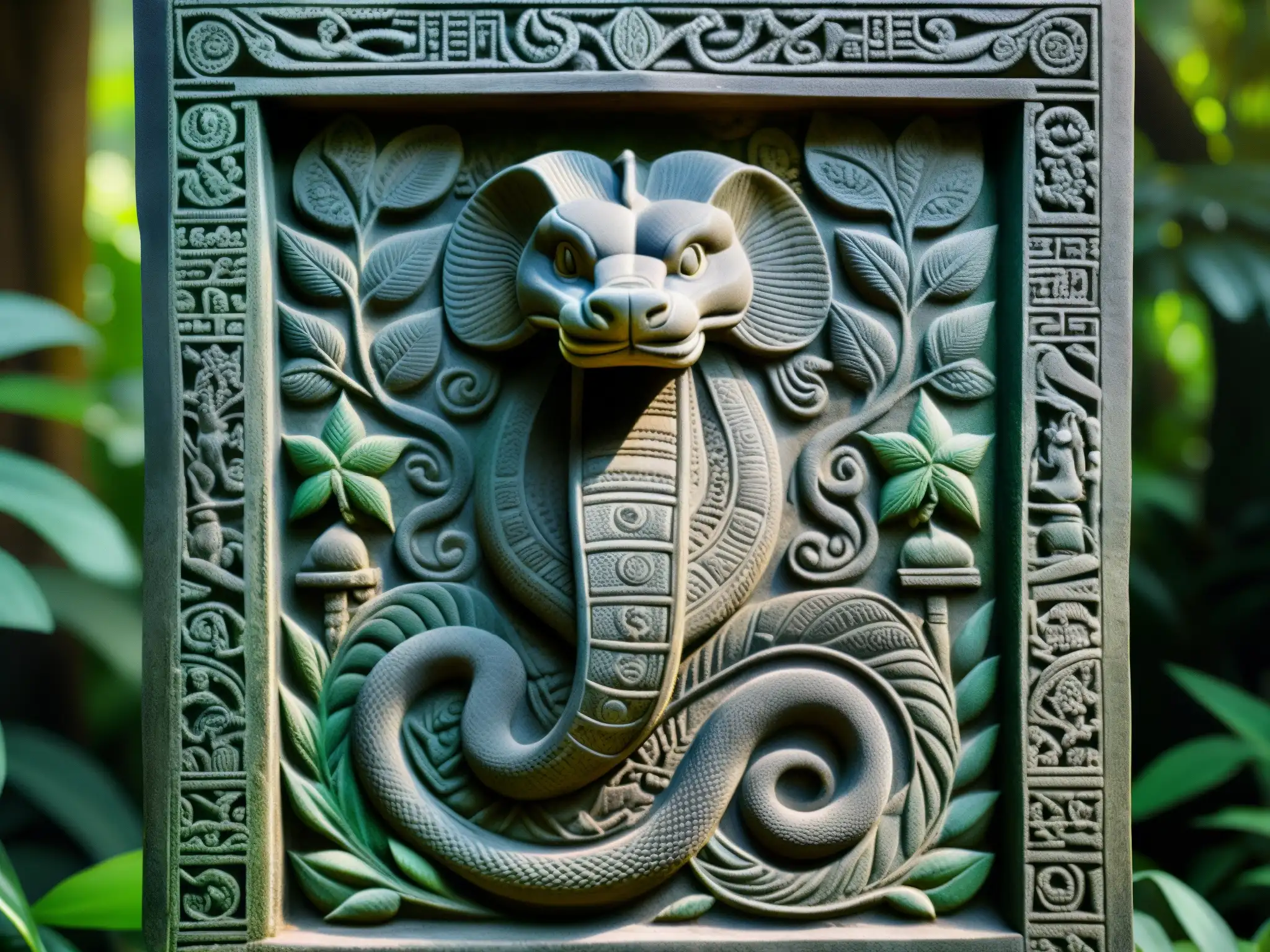 Relieve de cobra antiguo en la selva Antigua tableta de piedra con intrincadas carvings de un cobra amenazante y figuras reverentes en selva