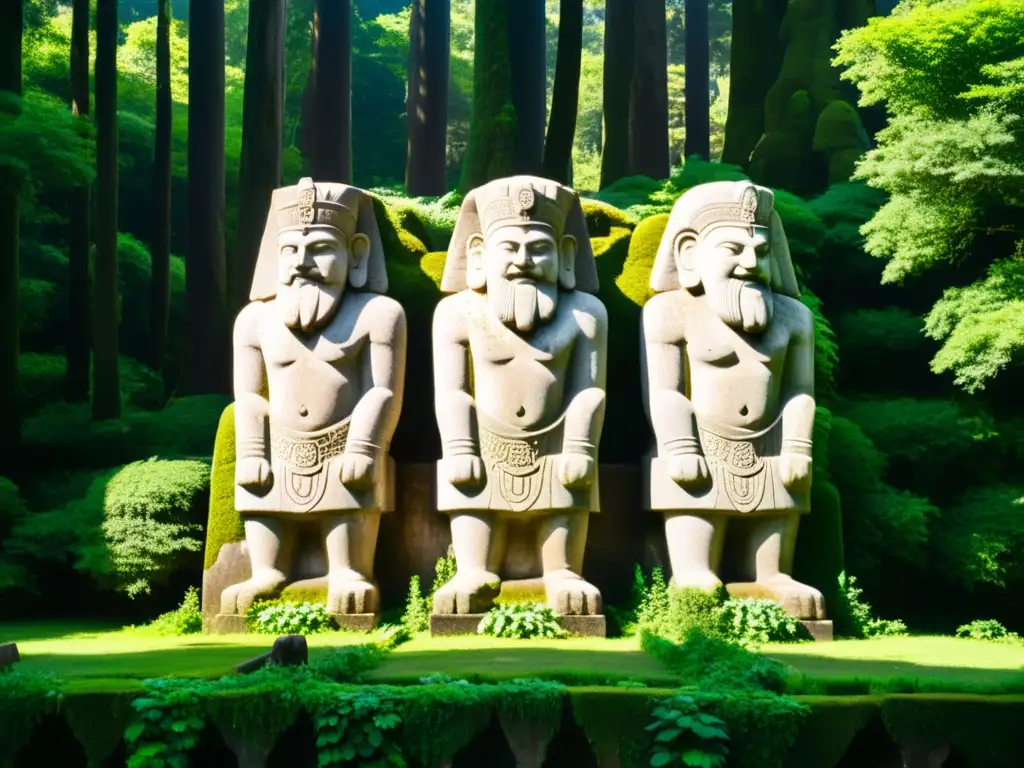 Antigua talla de Los Tres Hermanos Gigantes Estocolmo, musculosos y poderosos, en un bosque misterioso y exuberante