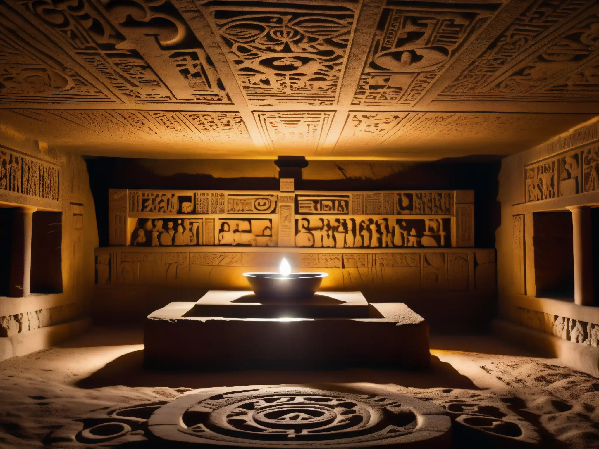 Altares misteriosos en cámara secreta: evocando intriga Un antiguo altar de piedra en una cámara subterránea iluminada por una sola luz, evocando un aura de misterio y maravilla