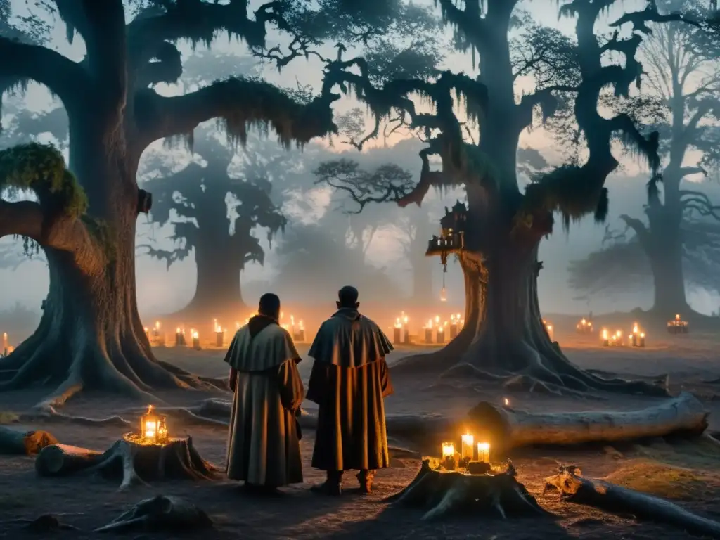 Antiguo bosque brumoso al anochecer con figuras fantasmales y velas titilantes