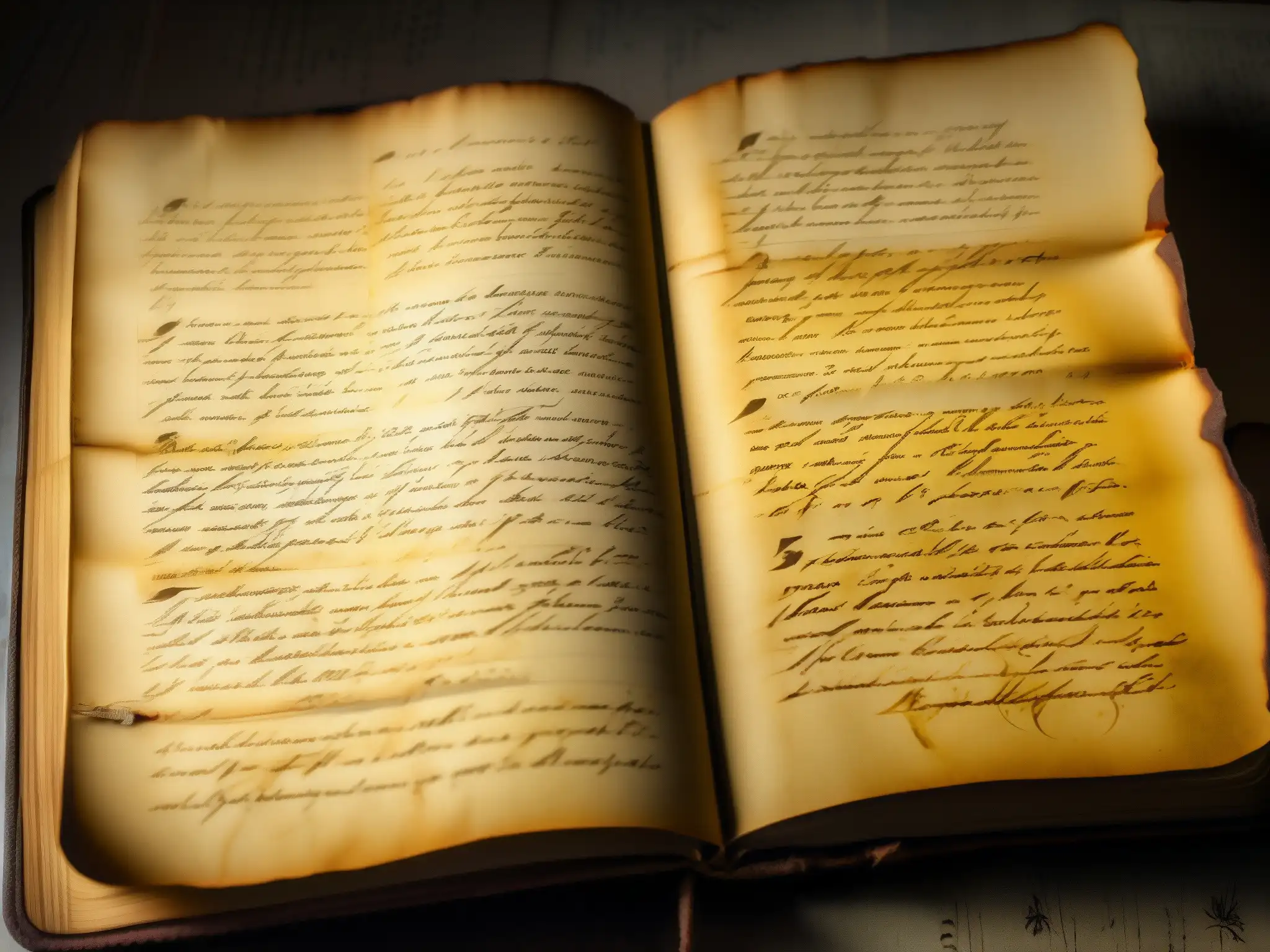 Diario antiguo con notas misteriosas y dibujos inquietantes Antiguo diario desgastado con páginas amarillentas y notas manuscritas, iluminado por una luz tenue y misteriosa