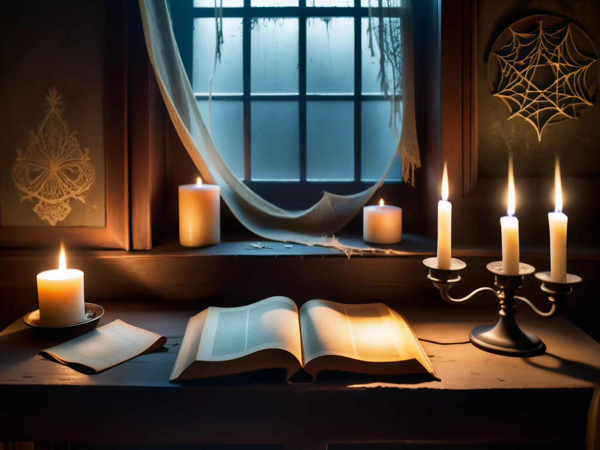 Libro de hechizos antiguo en habitación sombría Un antiguo libro de hechizos abierto sobre una mesa polvorienta, rodeado de velas titilantes en una habitación sombría con telarañas