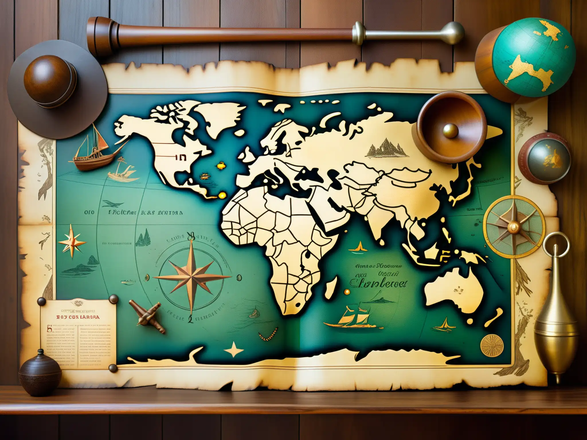 Un antiguo mapa detallado de la expedición de Cabeza de Vaca, rodeado de herramientas de navegación antiguas, bañado en cálida luz natural