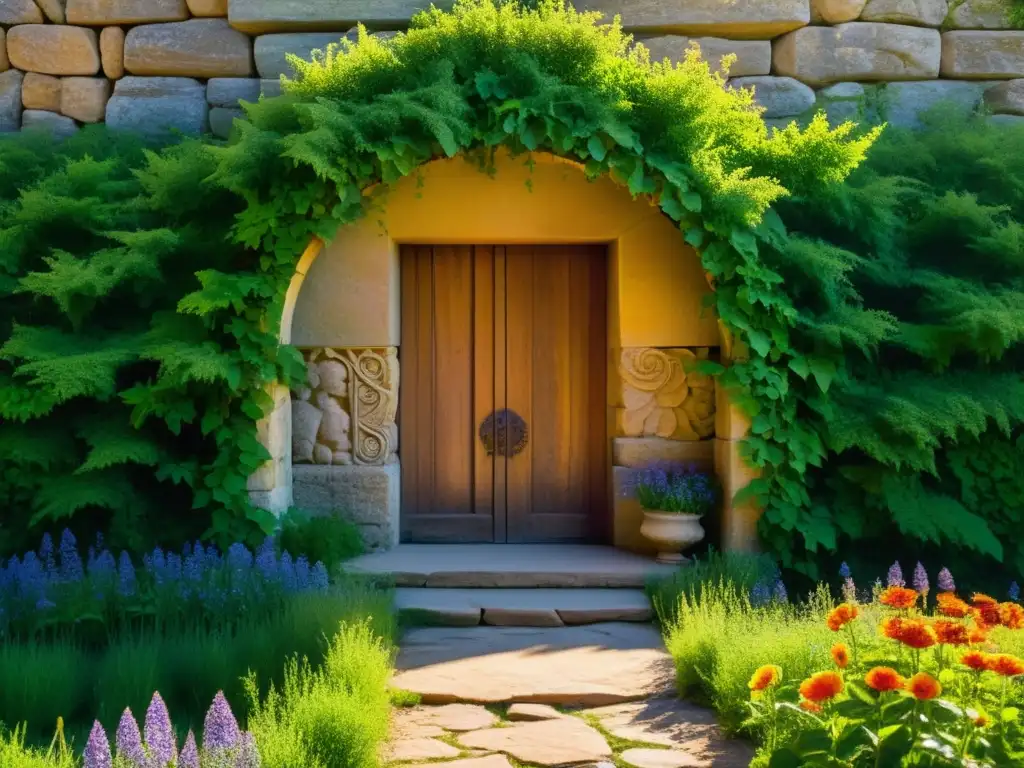 Un antiguo portal de piedra iluminado por el sol en un campo verde, oculto parcialmente por enredaderas y flores silvestres
