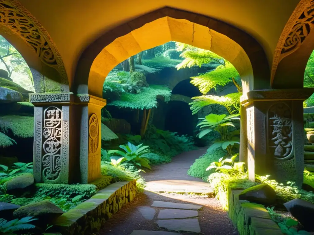 Un arco de piedra cubierto de musgo en un bosque verde, bañado por la luz del sol