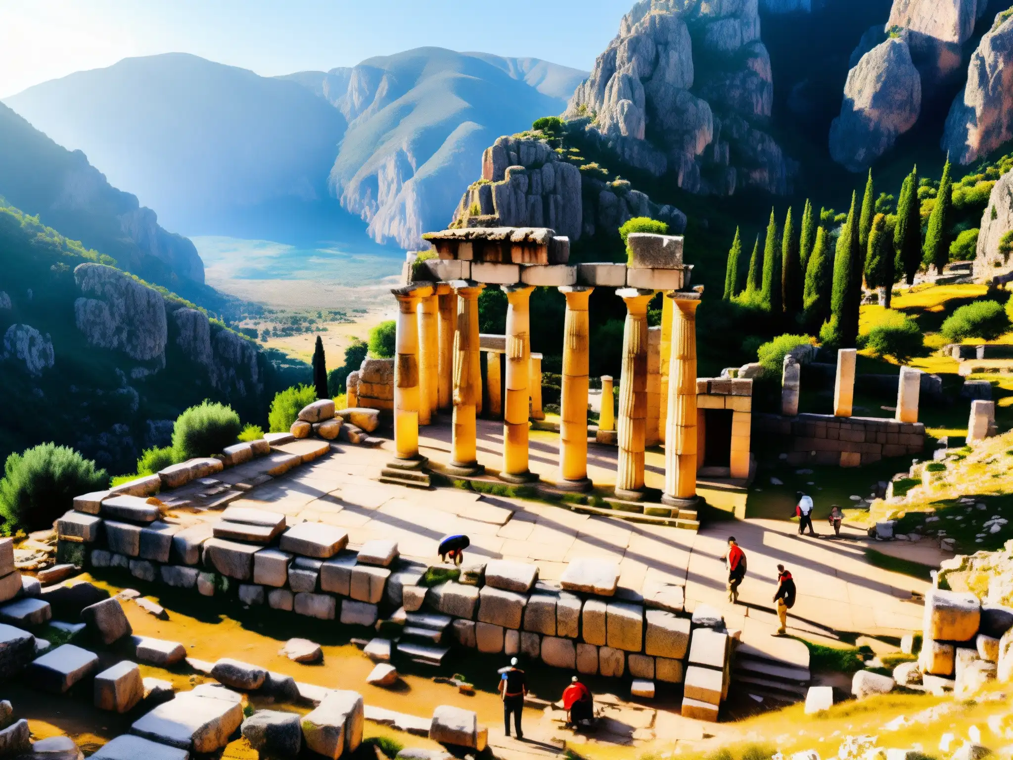 Excavación en el Oráculo de Delfos: Descubriendo el Pasado Místico Arqueólogos excavando el antiguo sitio del Oráculo de Delfos al atardecer, revelando misterios de Mitos y leyendas urbanas Europa