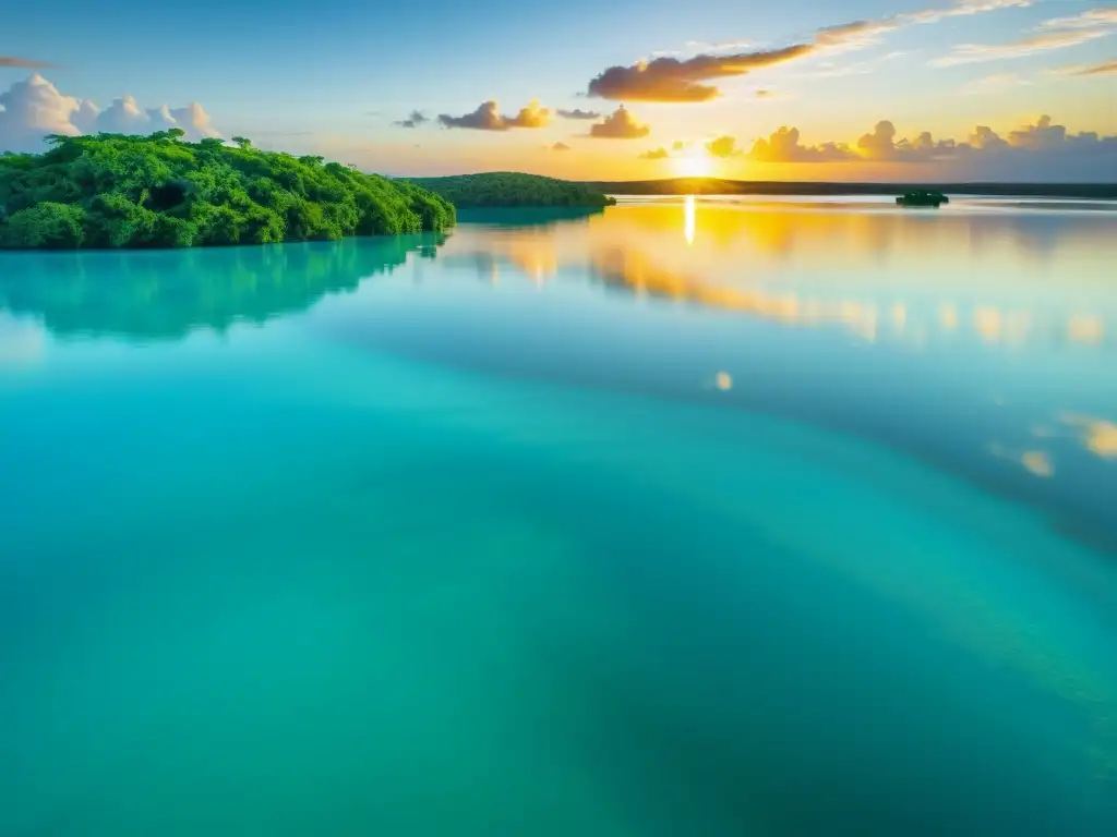 Laguna de Bacalar: Belleza serena y mítica Un atardecer mágico en la Laguna de Bacalar, con aguas turquesas y la selva reflejándose