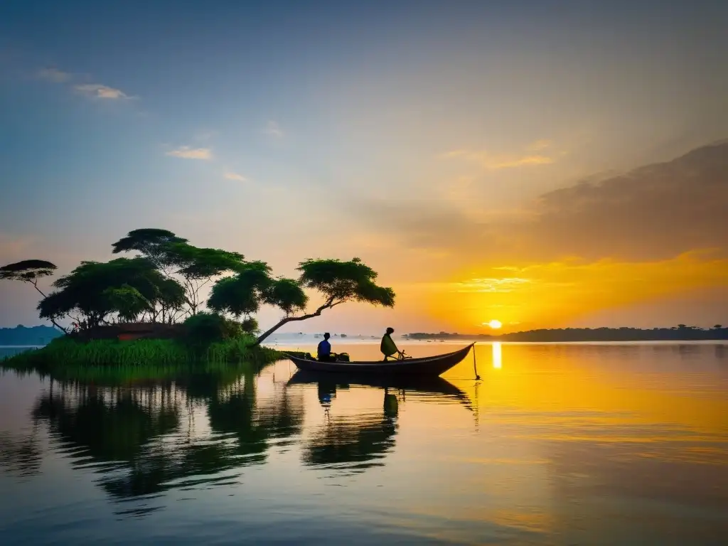 Un atardecer sereno en el lago Victoria con criaturas legendarias y una barca pesquera tradicional
