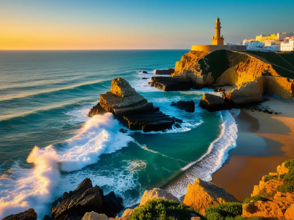 Un atardecer vibrante en la costa rocosa de Cádiz, con La Sirena Varada de Cádiz en la distancia, bañado en luz dorada
