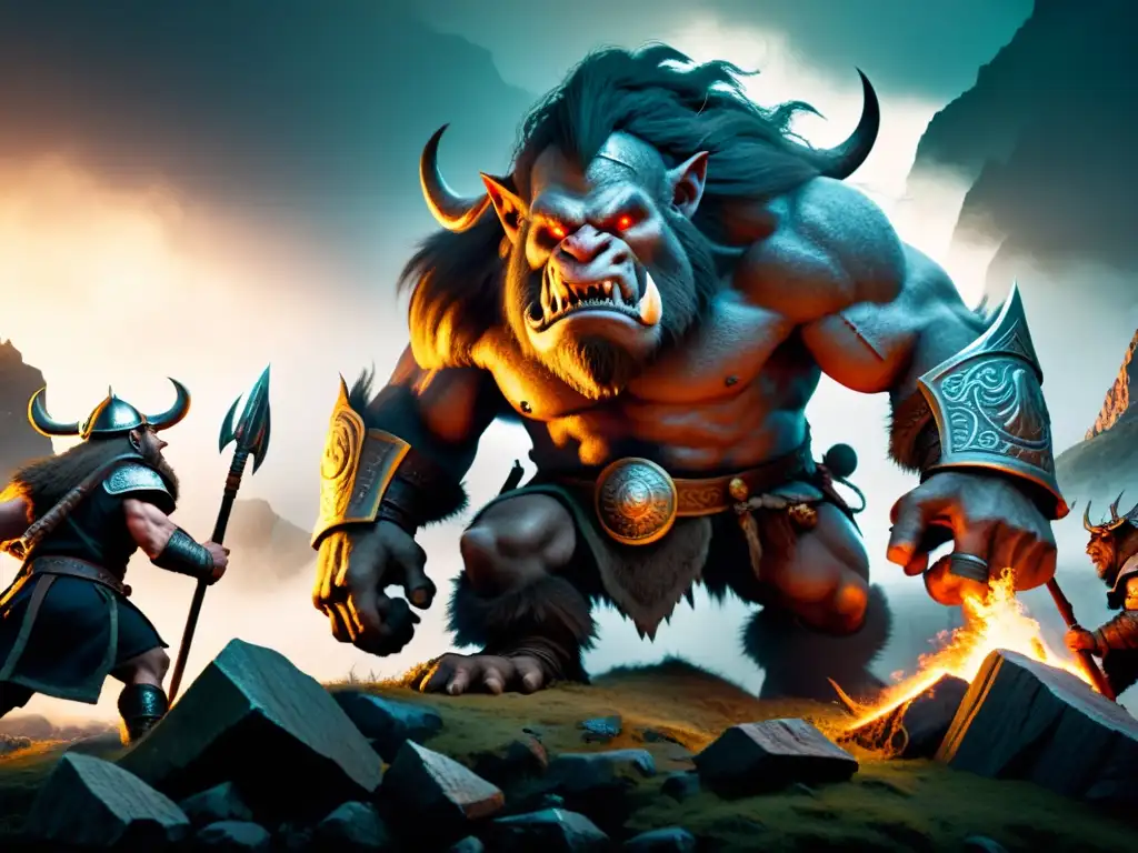 Batalla épica: guerreros nórdicos contra trolls gigantes Batalla épica entre guerreros nórdicos y trols gigantes en paisaje escandinavo