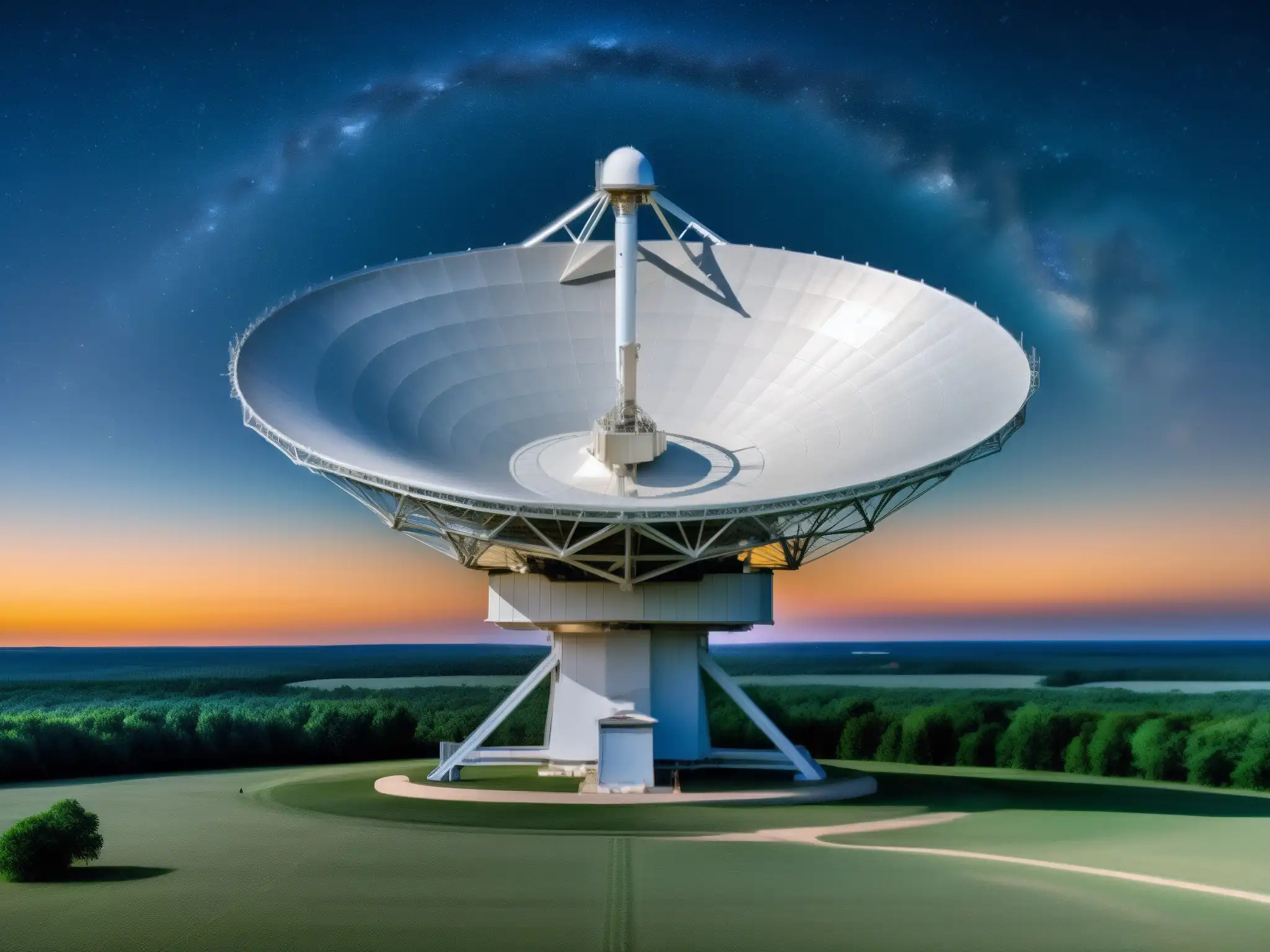 Maravilla estelar: Big Ear radio telescopio en Ohio El Big Ear apunta al cielo nocturno, exudando asombro y exploración científica en la búsqueda de comunicación extraterrestre señal Wow