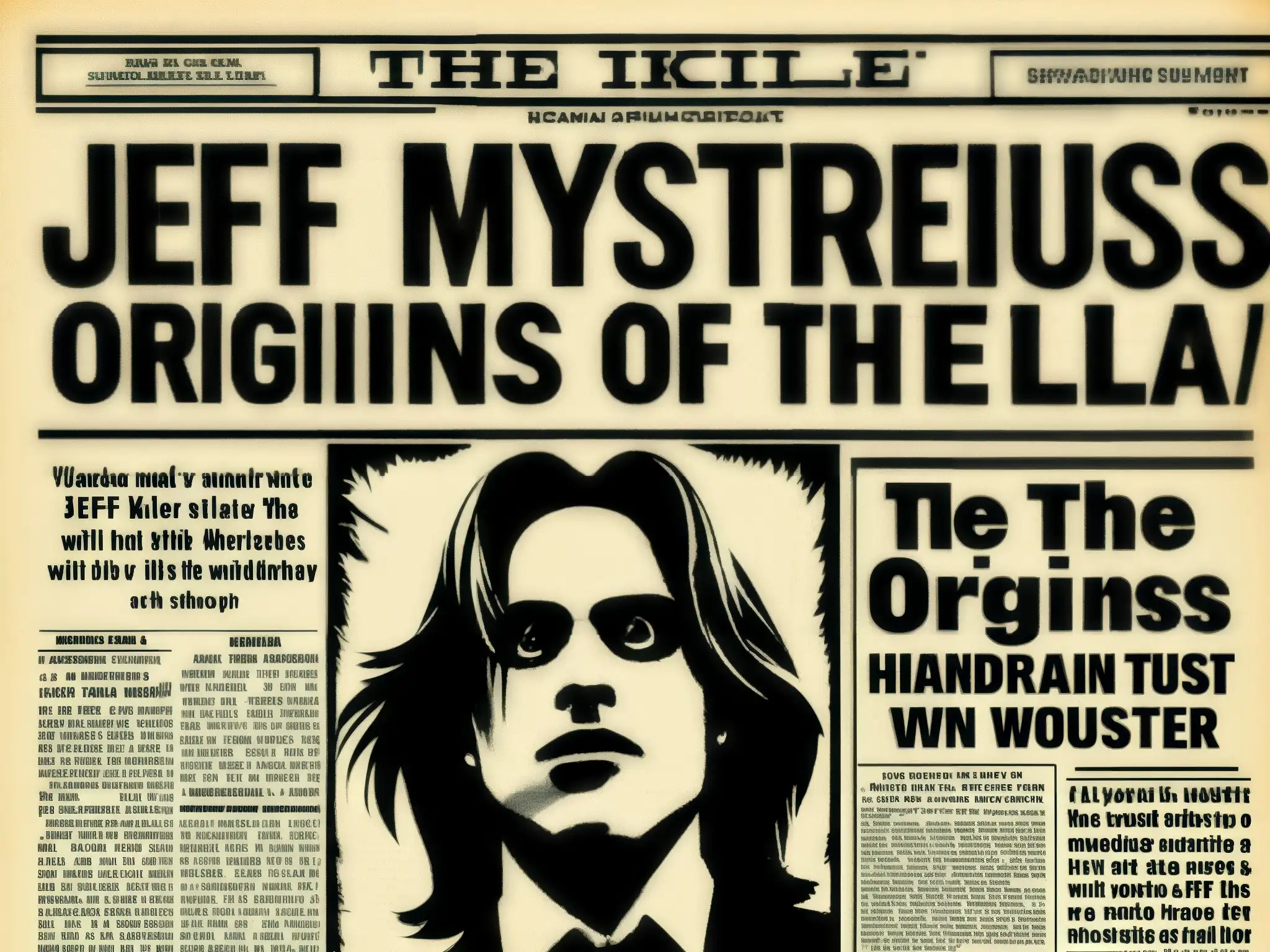 Los Orígenes Misteriosos de Jeff the Killer: Descubre el Secreto Oscuro Una fotografía en blanco y negro de un artículo de periódico vintage con el titular 'Los misteriosos orígenes y evolución de Jeff the Killer'