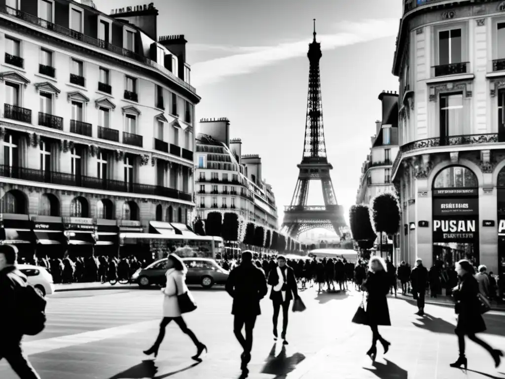 Calles de París: Historia y energía urbana en blanco y negro Una fotografía en blanco y negro de las bulliciosas calles de París, capturando la arquitectura histórica y elementos urbanos modernos