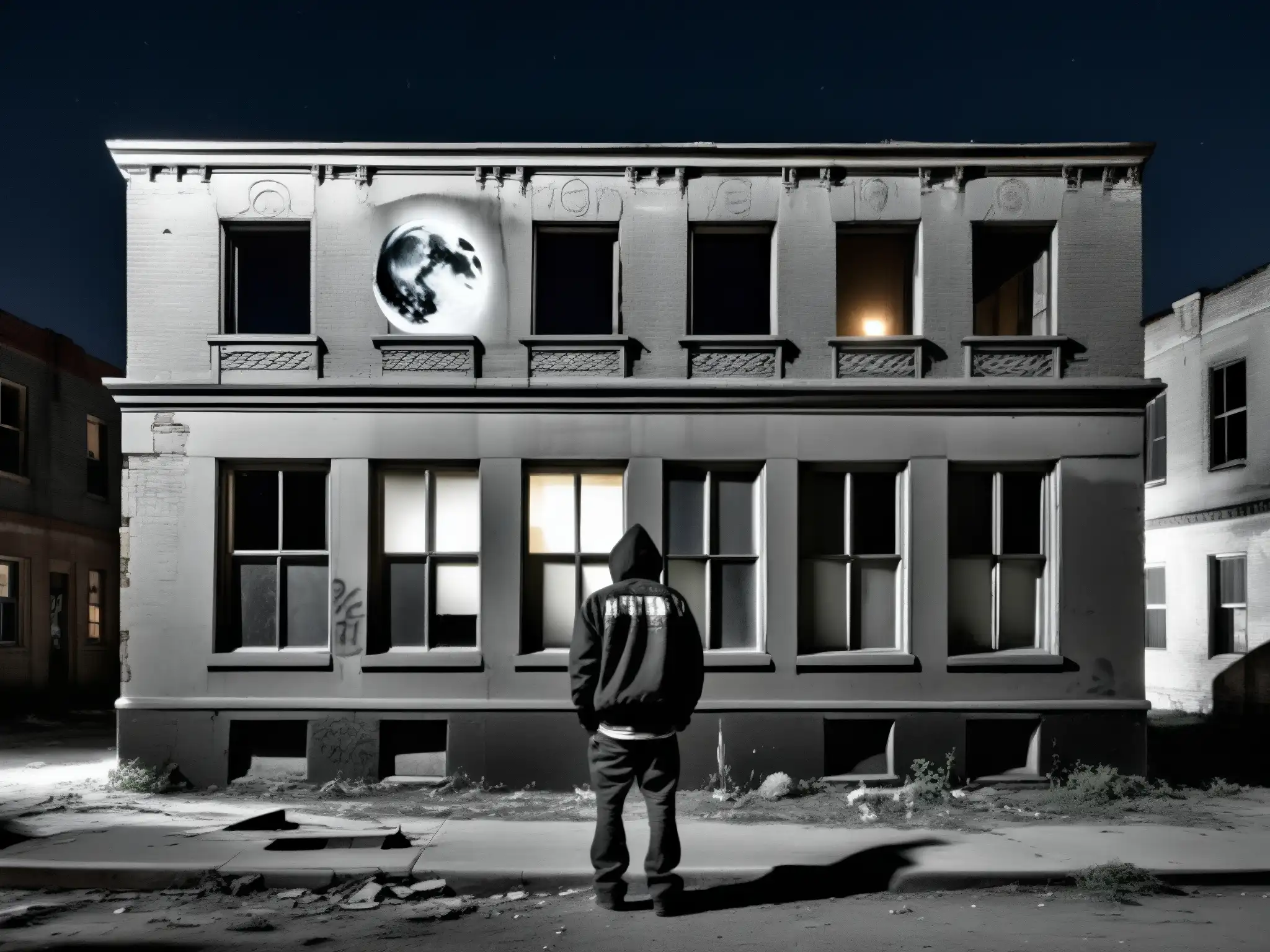 Ruinas nocturnas: Edificio abandonado con grafitis bajo la luz de la luna Una fotografía en blanco y negro de un edificio abandonado y graffiteado de noche