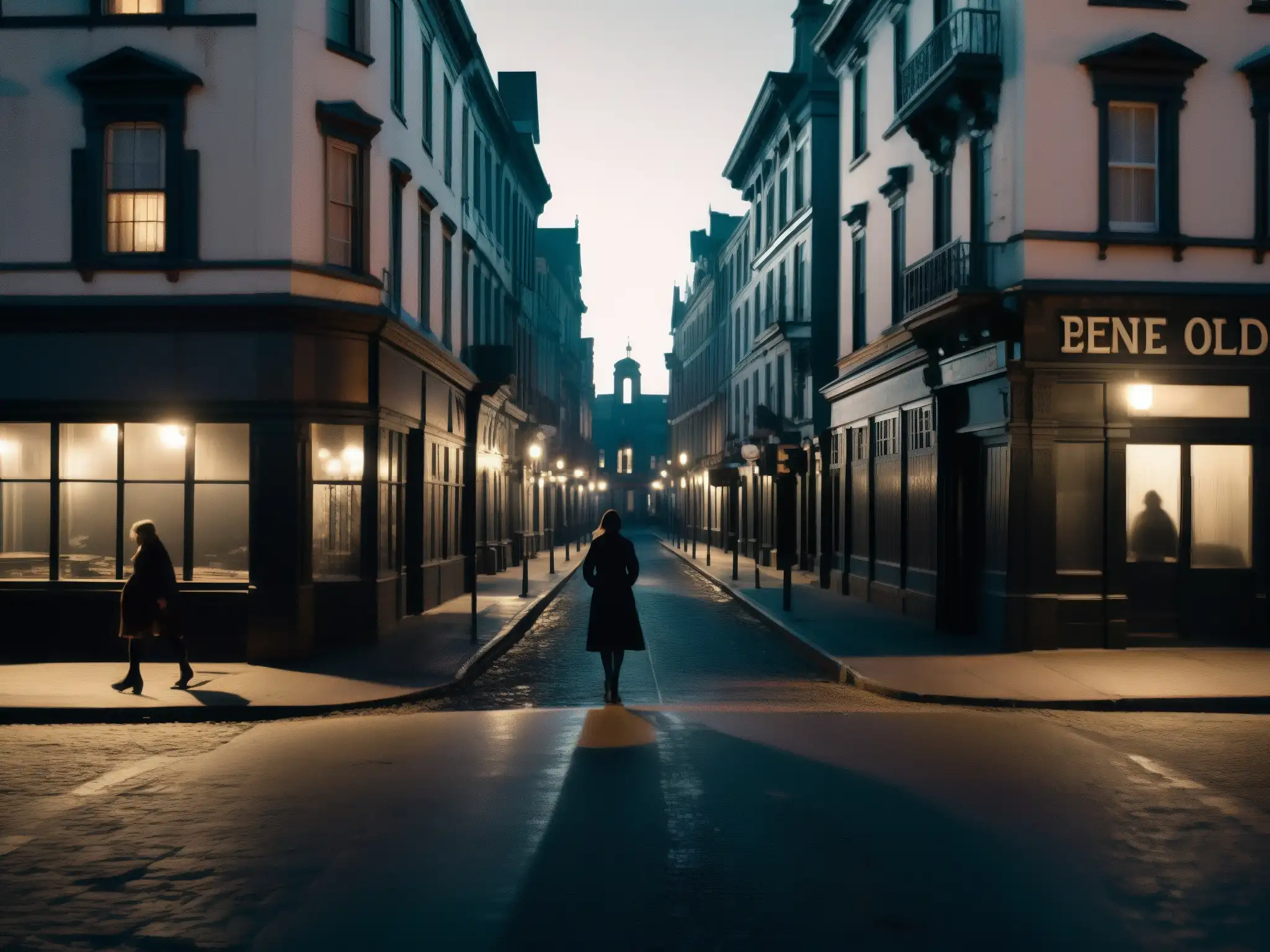 Una fotografía en blanco y negro de una misteriosa calle urbana de noche, con sombras inquietantes y siluetas de personas al fondo