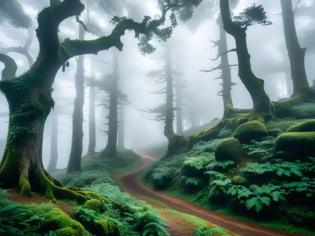 Un bosque brumoso en Galicia, España, con árboles antiguos y retorcidos que se ciernen sobre un sendero estrecho y sinuoso