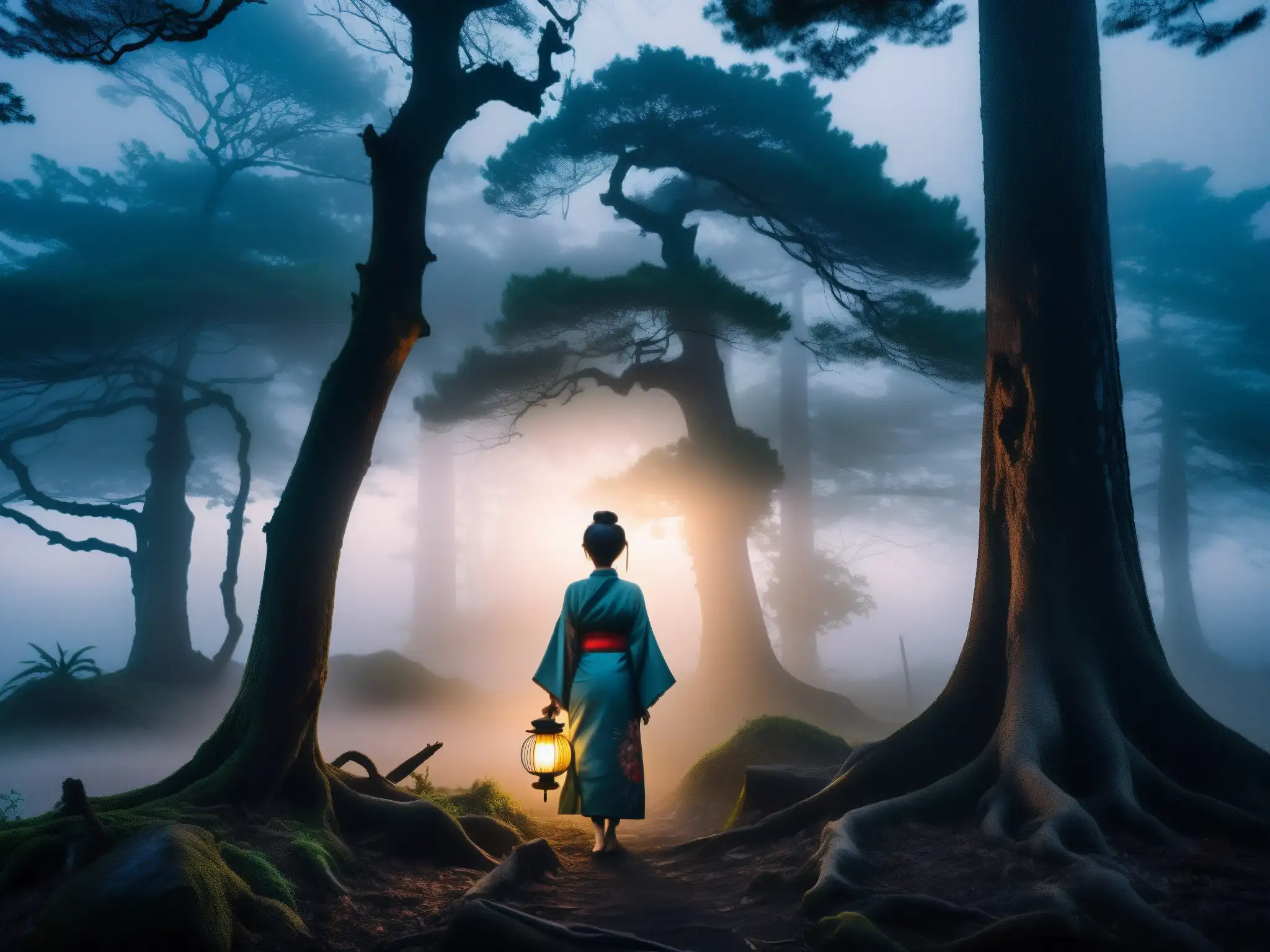 Silueta fantasmal en bosque neblinoso al atardecer Un bosque brumoso al anochecer, con árboles retorcidos creando una atmósfera misteriosa