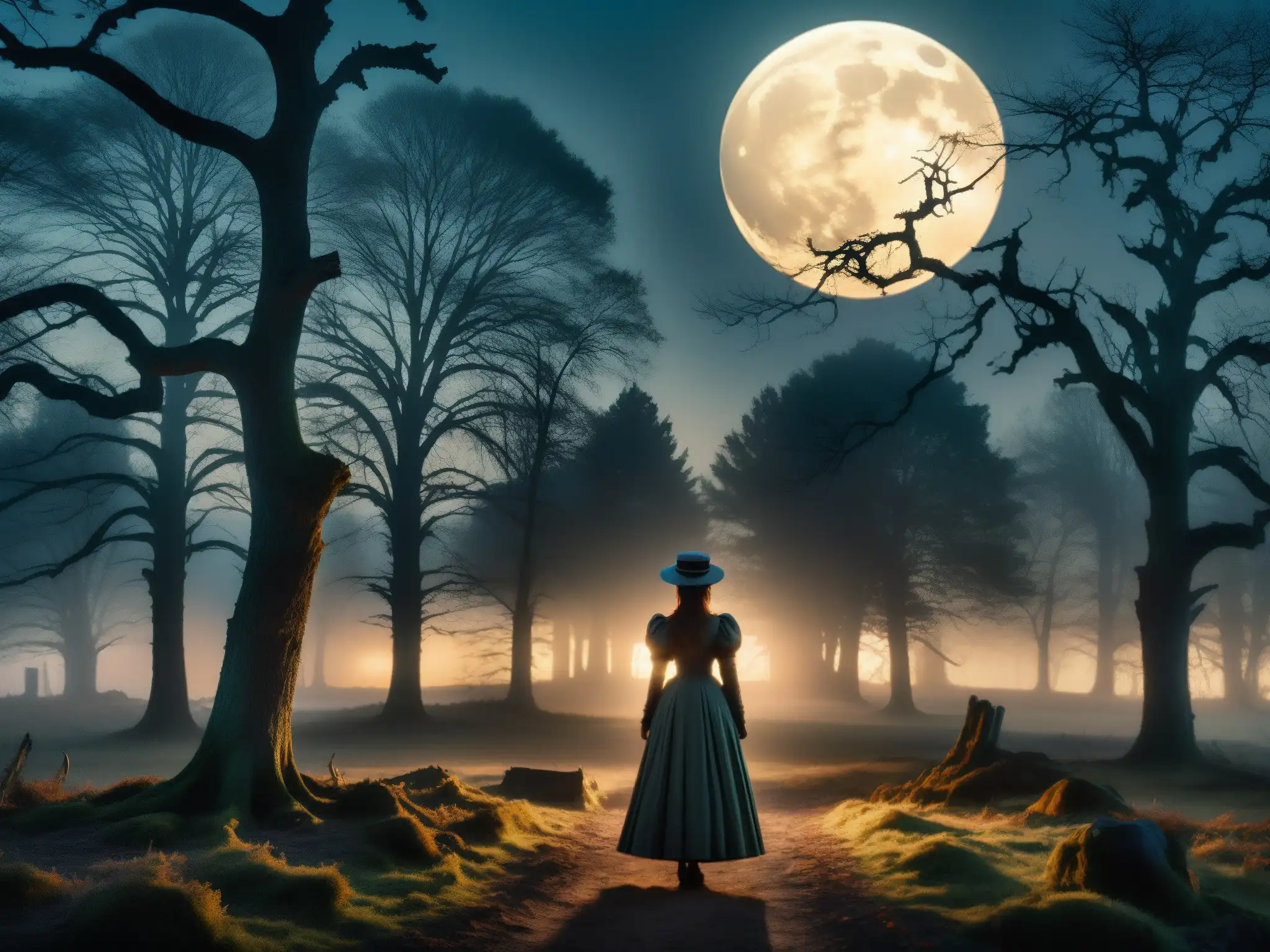 Noche misteriosa: bosque neblinoso con luna llena y figura fantasmal Un bosque brumoso con árboles retorcidos y la luna llena arrojando una luz misteriosa