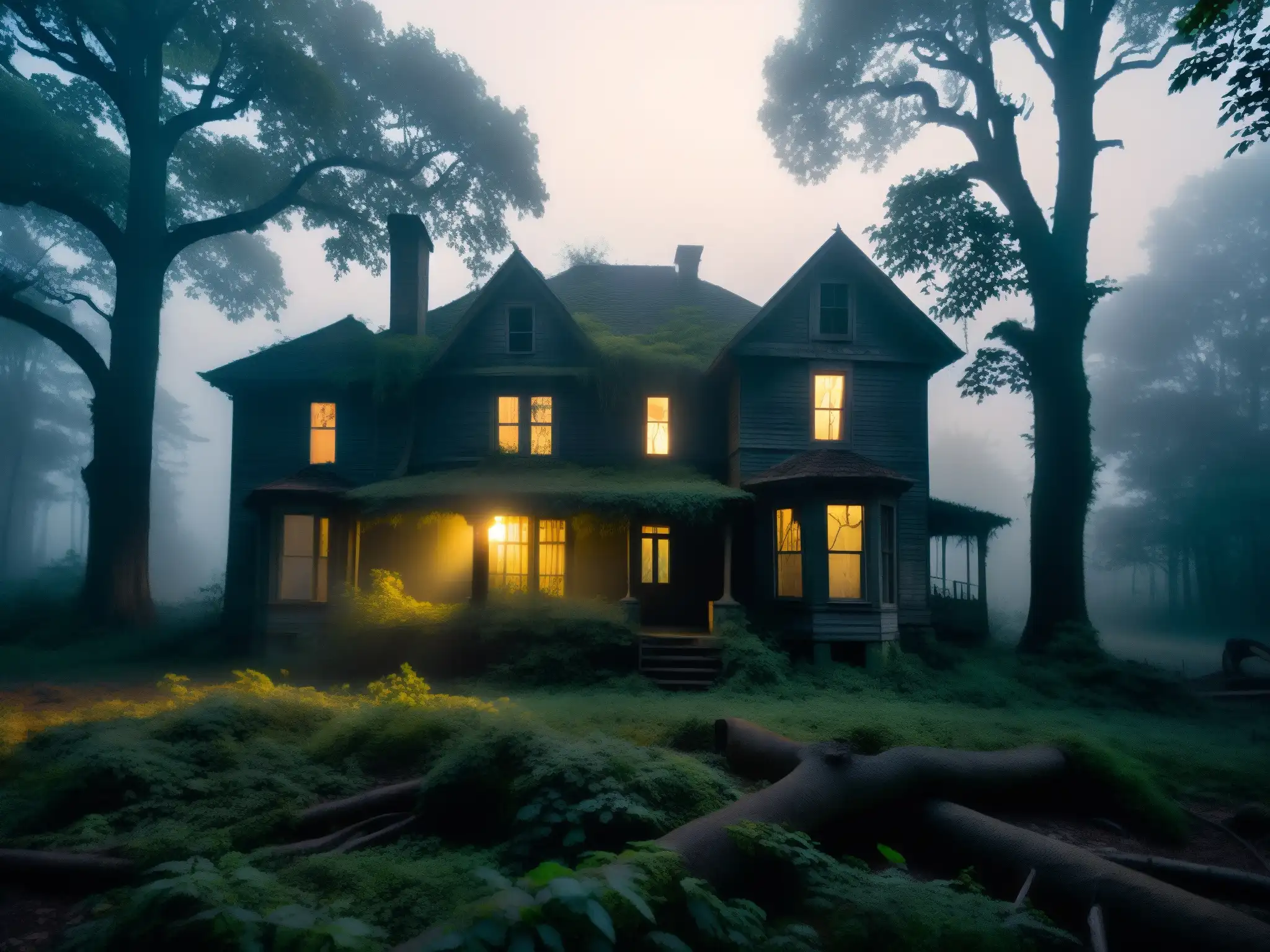 Un bosque denso y neblinoso al anochecer, con árboles retorcidos proyectando sombras inquietantes