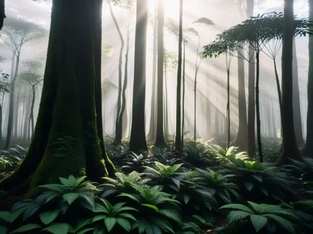 Misterioso bosque en Uganda: sombras y luz crean un paisaje inquietante Un bosque denso en Uganda, con sombras inquietantes