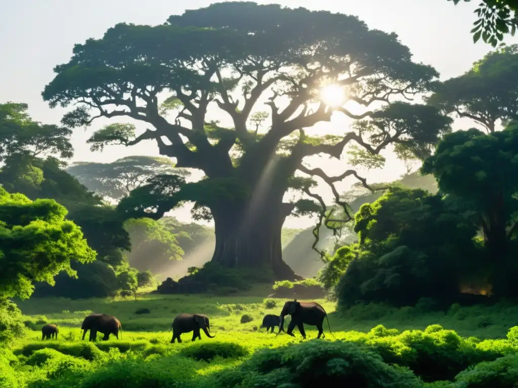Encantador bosque de Yamoussoukro: misteriosa criatura entre los árboles Un bosque encantado en Yamoussoukro con una bestia misteriosa entre los árboles, creando un ambiente de misterio y encanto