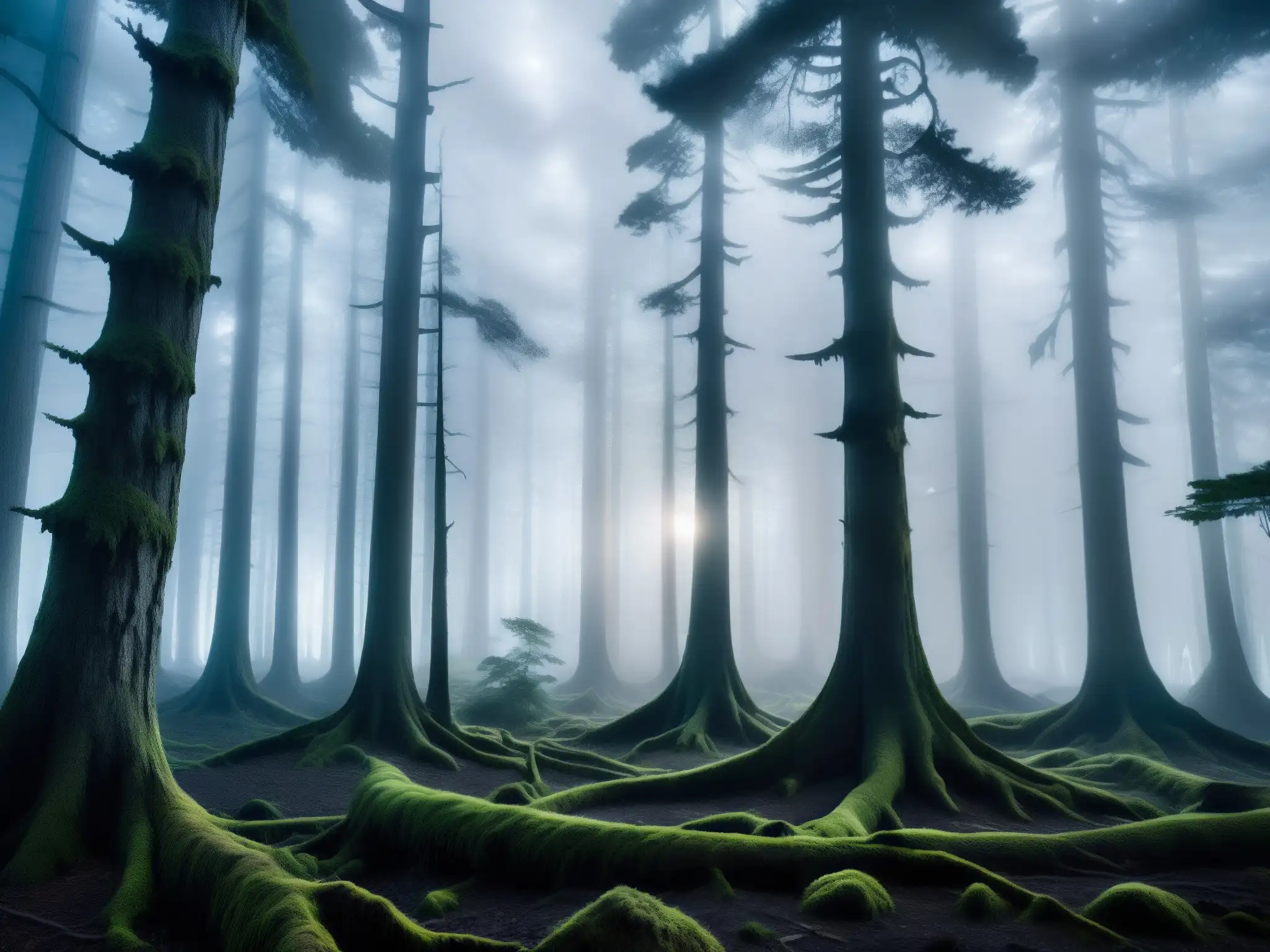 Fantasmagórico bosque de la Mujina: leyenda japonesa Un bosque envuelto en neblina bajo la luz de la luna, donde se vislumbra la figura misteriosa de un Mujina: mitología japonesa cambiaformas