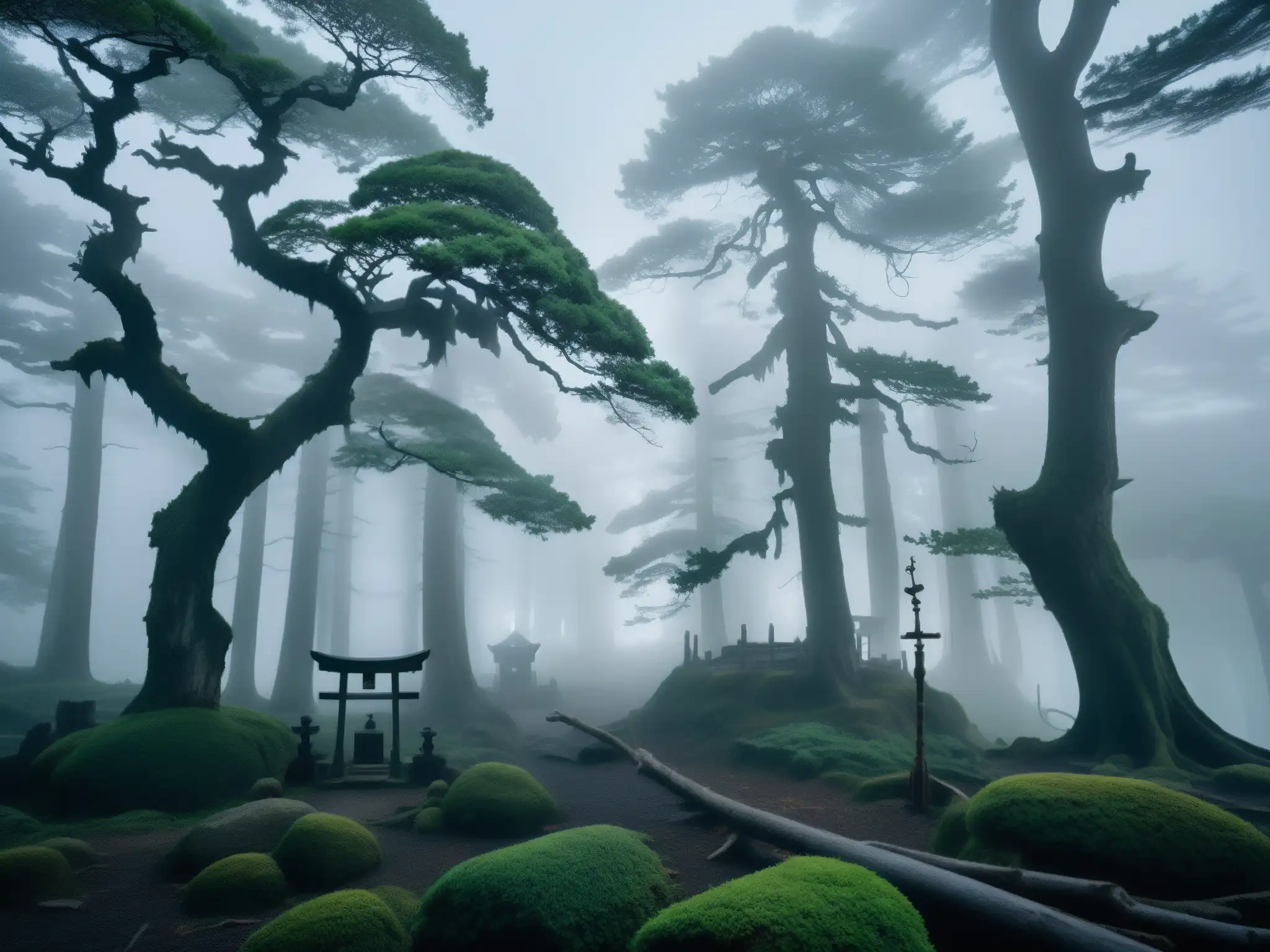 Un bosque japonés cubierto de niebla al anochecer, con árboles antiguos y un santuario en ruinas apenas visible a través de la niebla