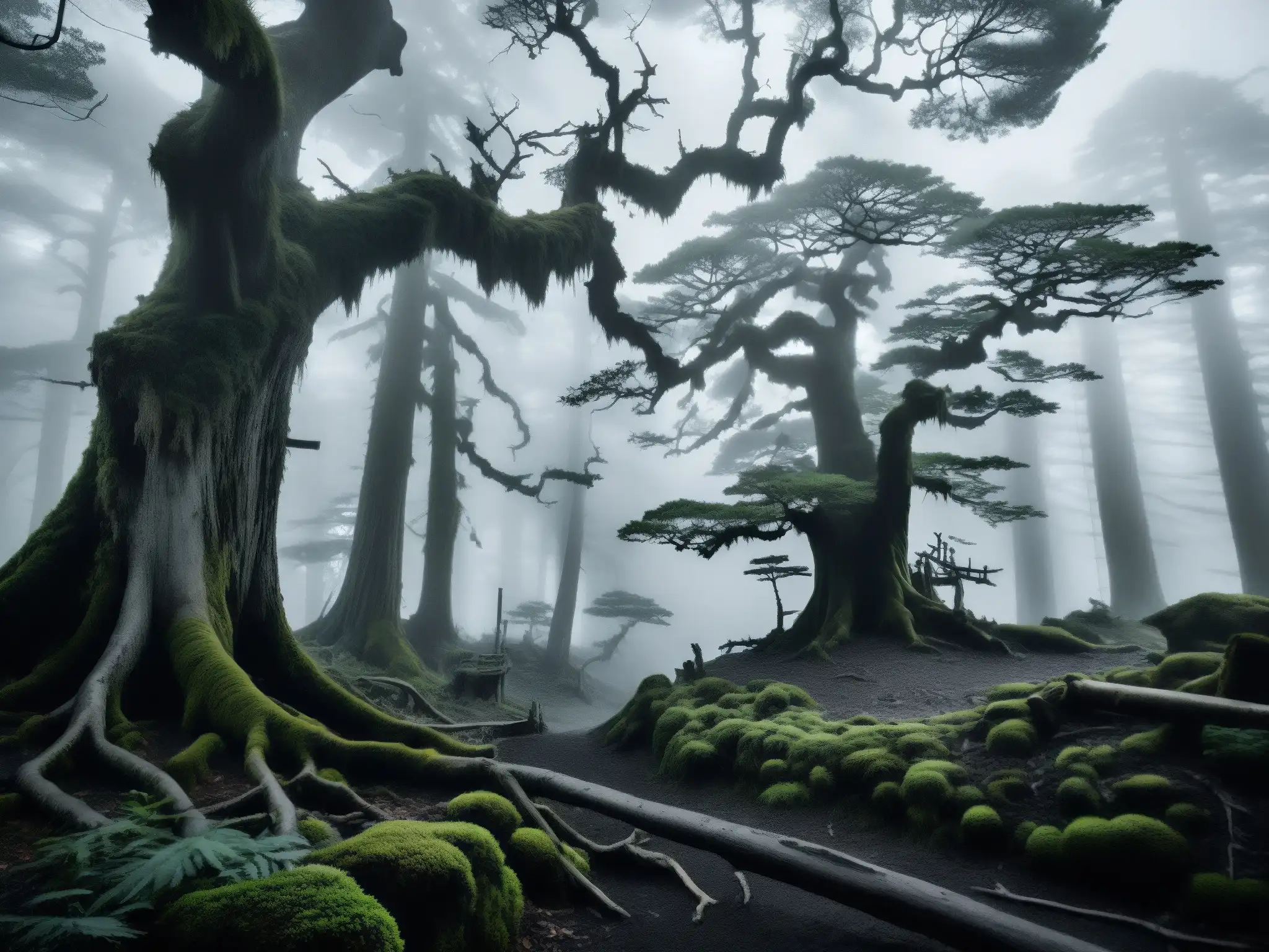 Un bosque japonés envuelto en niebla, con árboles antiguos y retorcidos