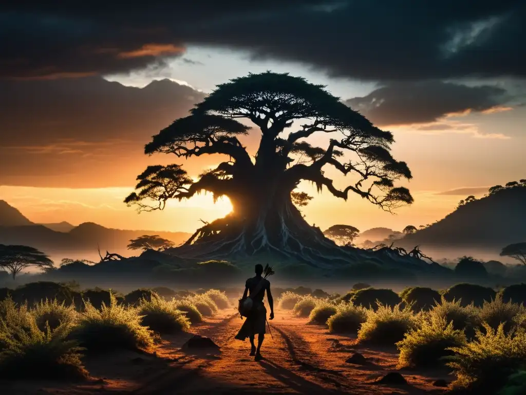 Horripilante bosque de Uganda: monstruo en la penumbra Un bosque misterioso en Uganda, con árboles retorcidos y sombras alargadas al atardecer