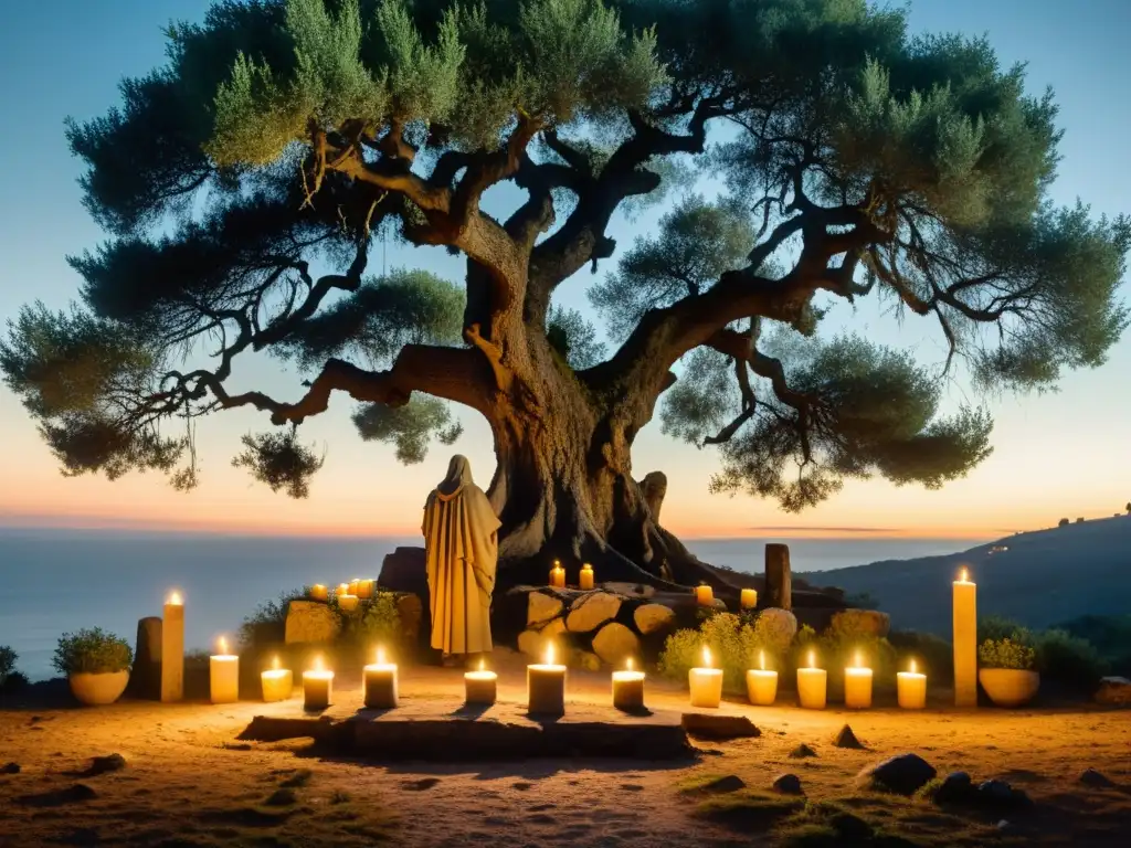 Siniestro ritual en el bosque mediterráneo Un bosque misterioso y brumoso en la mediterránea, con antiguos olivos retorcidos