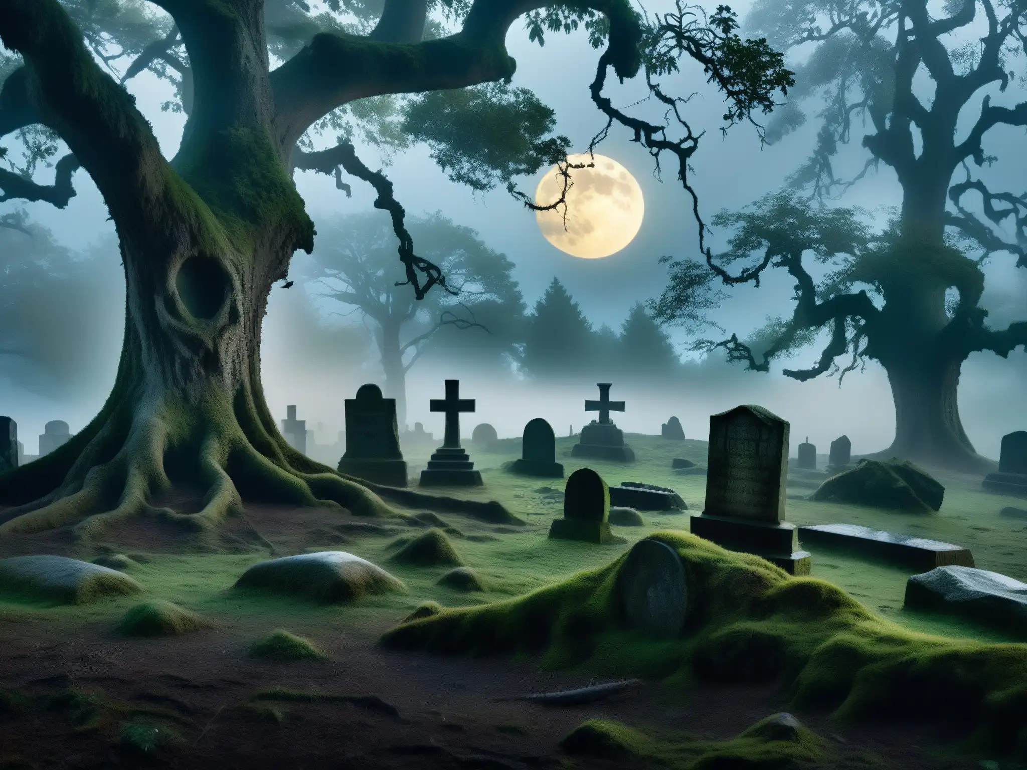 Un bosque misterioso cubierto de niebla al anochecer, con árboles retorcidos y raíces torcidas que crean una atmósfera inquietante