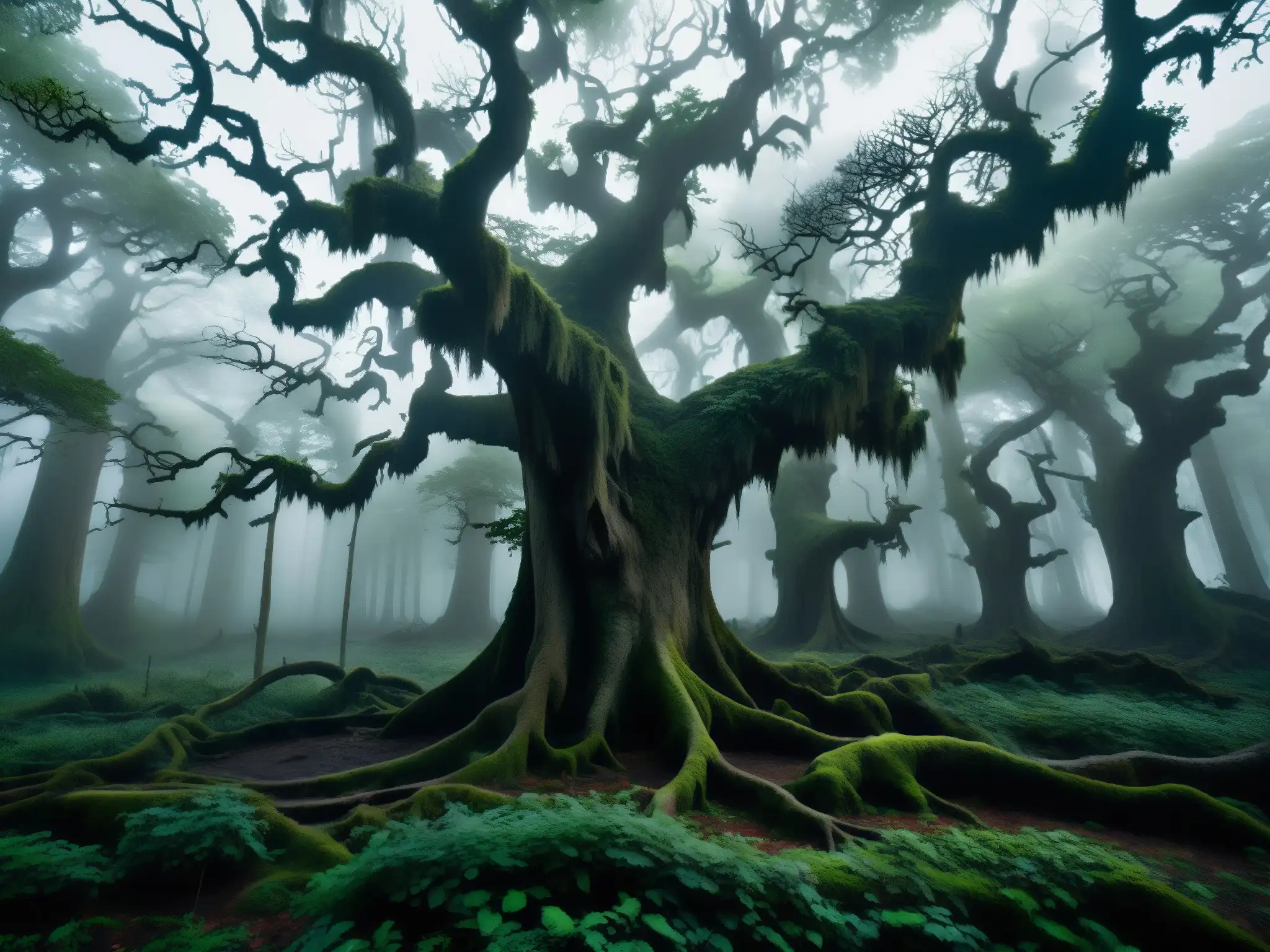 Un bosque misterioso y neblinoso con árboles antiguos y retorcidos
