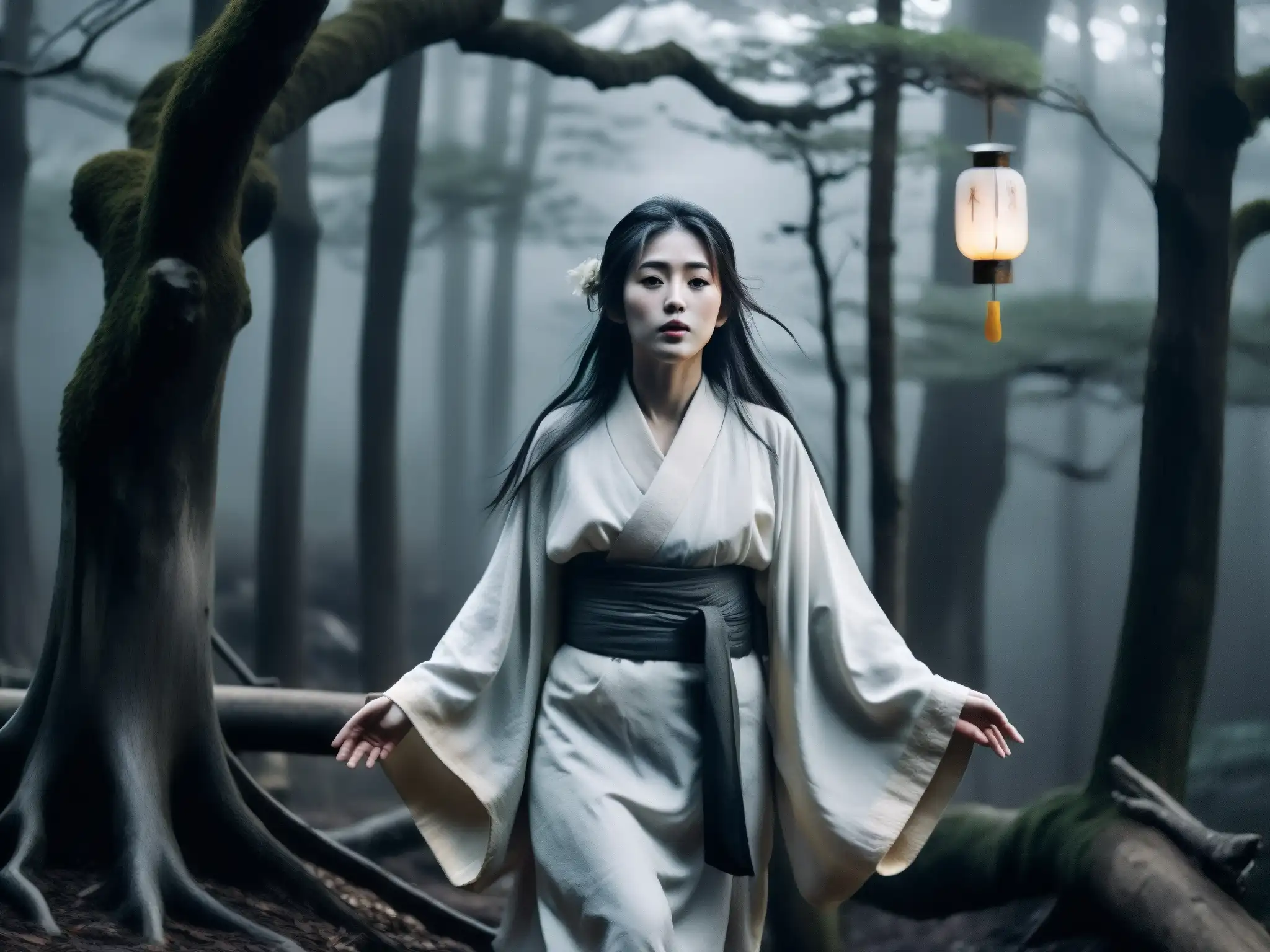 Yurei japonés en bosque neblinoso, evocando historias fantasmas japonesas cine terror